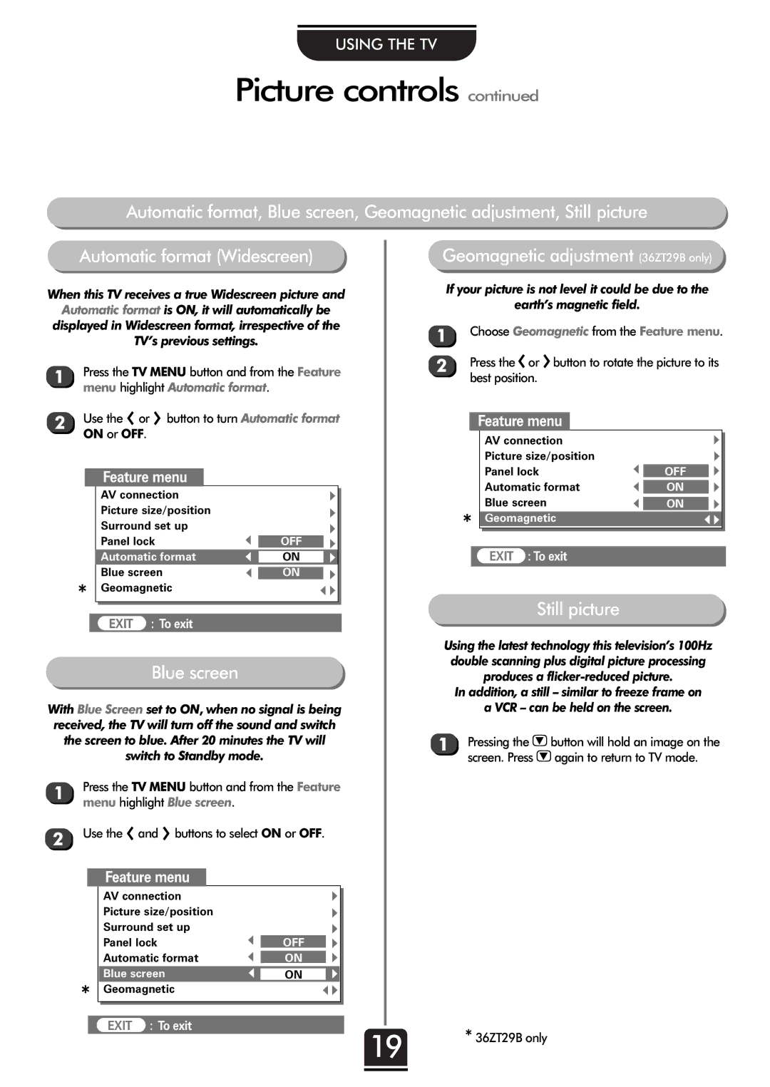 Toshiba 32ZT29B Blue screen, Geomagnetic adjustment 36ZT29B only, Still picture, Menu highlight Automatic format 