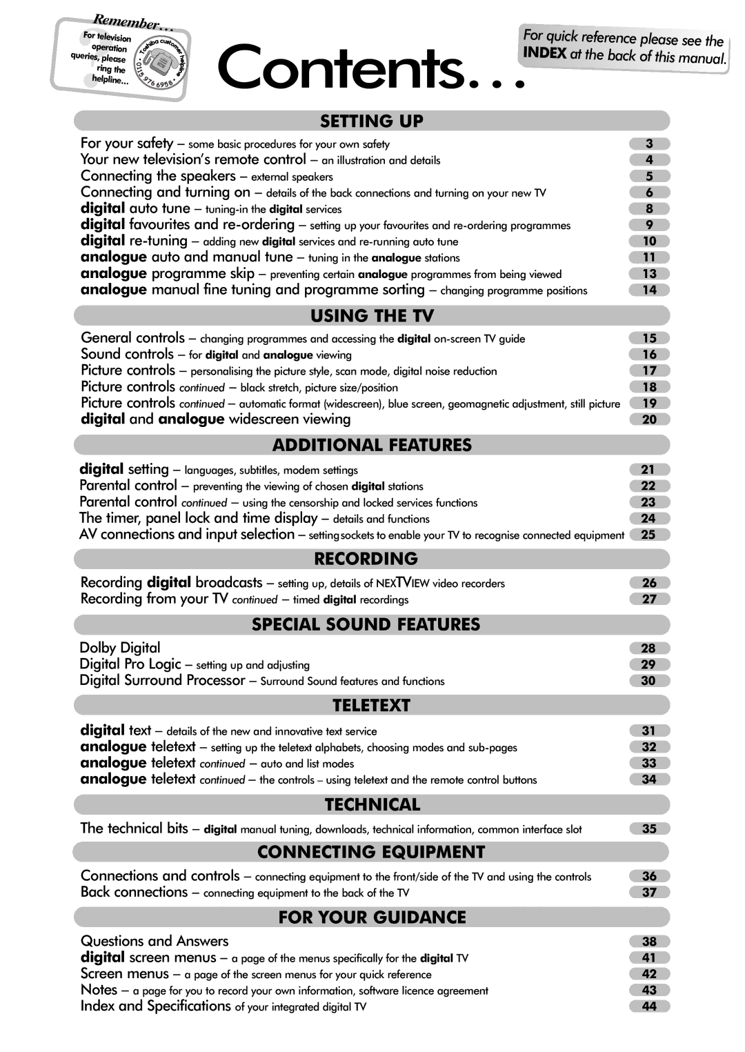 Toshiba 32ZT29B owner manual Remember, For quick reference Contents…INDEX at the back 