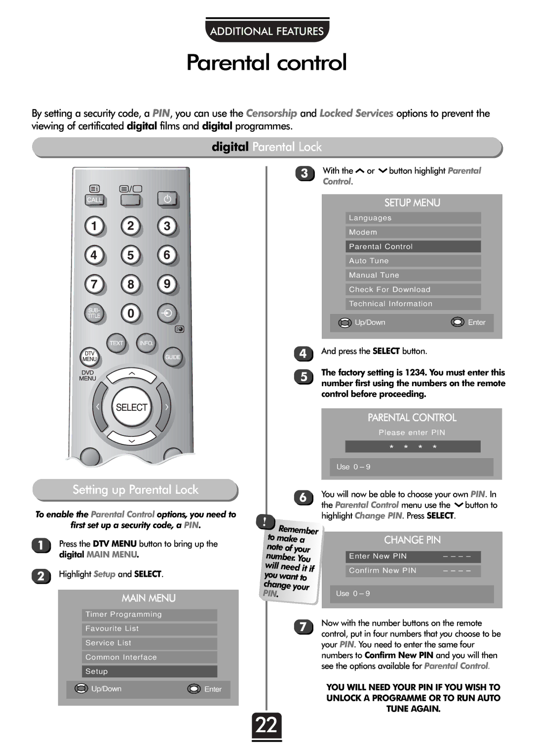 Toshiba 32ZT29B Parental control, Digital Parental Lock Setting up Parental Lock, Parental Control, Will need it if 