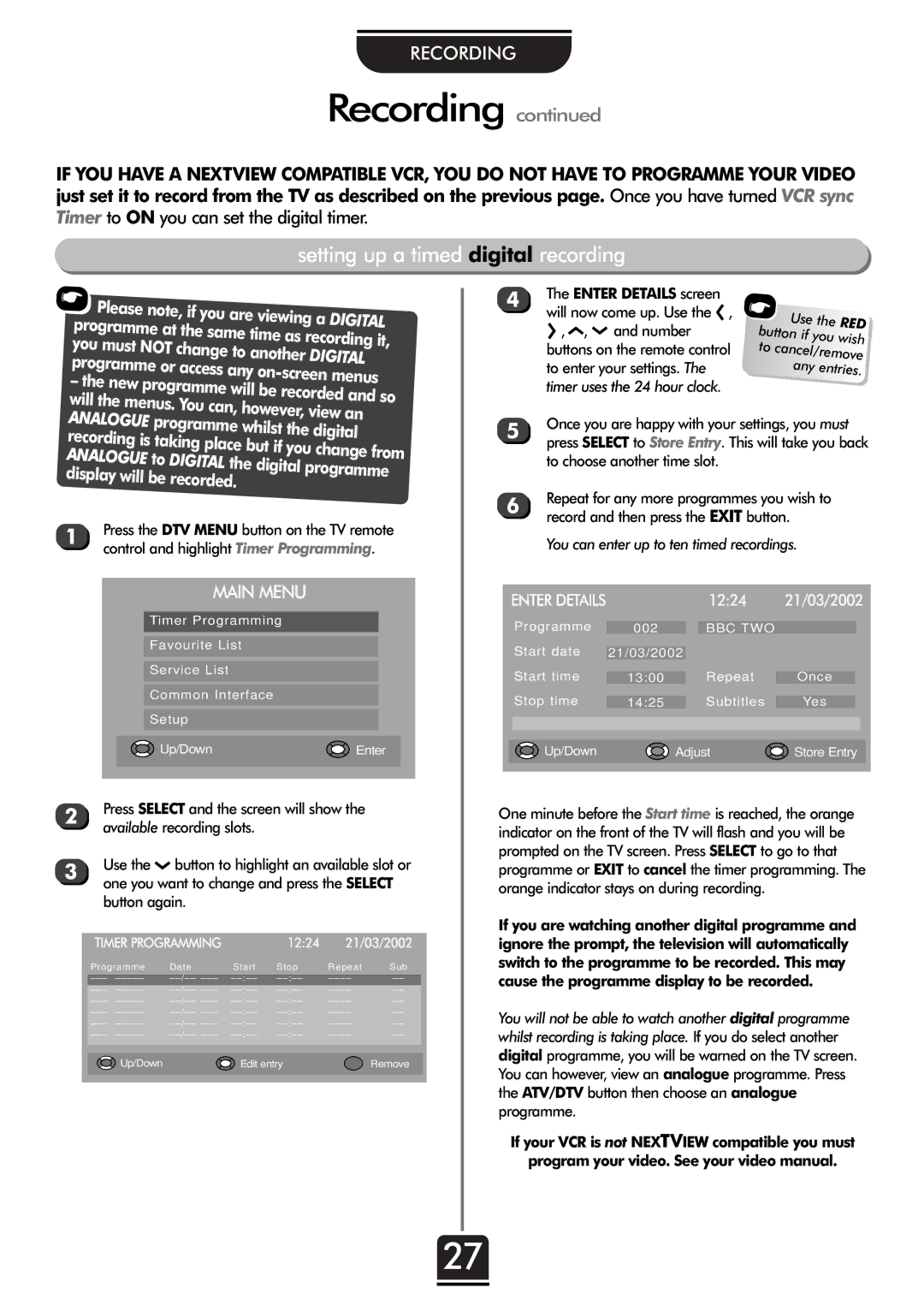 Toshiba 32ZT29B owner manual Recording, Setting up a timed digital recording, Control and highlight Timer Programming 