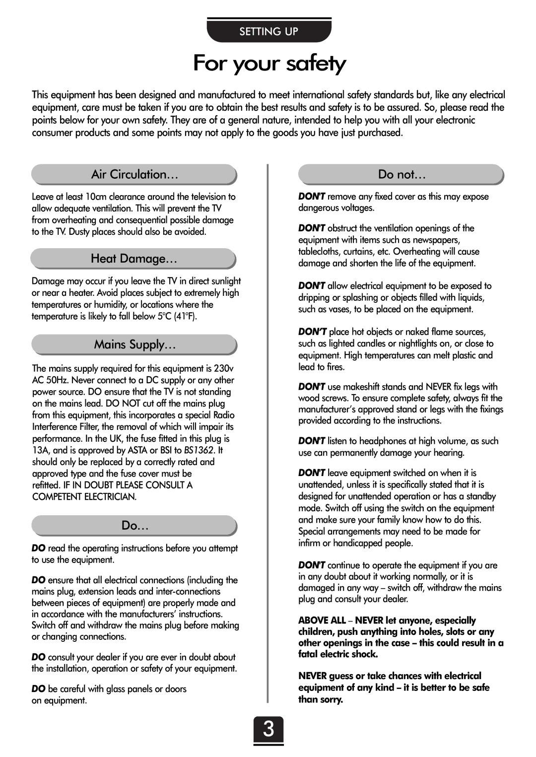 Toshiba 32ZT29B owner manual For your safety, Setting UP 