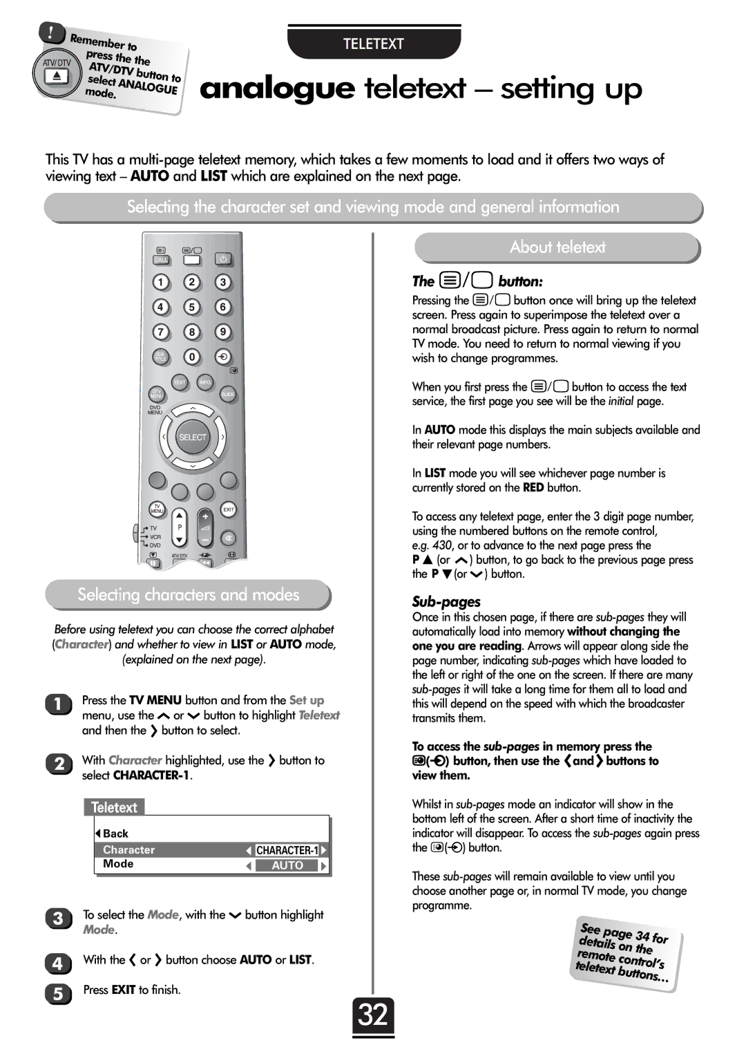 Toshiba 32ZT29B owner manual Analogue teletext setting up, About teletext, Teletext, Mode 