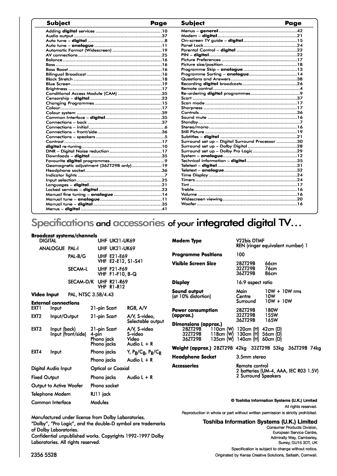 Toshiba 32ZT29B owner manual Specifications and accessories, of your integrated digital TV…, Subject, Page 