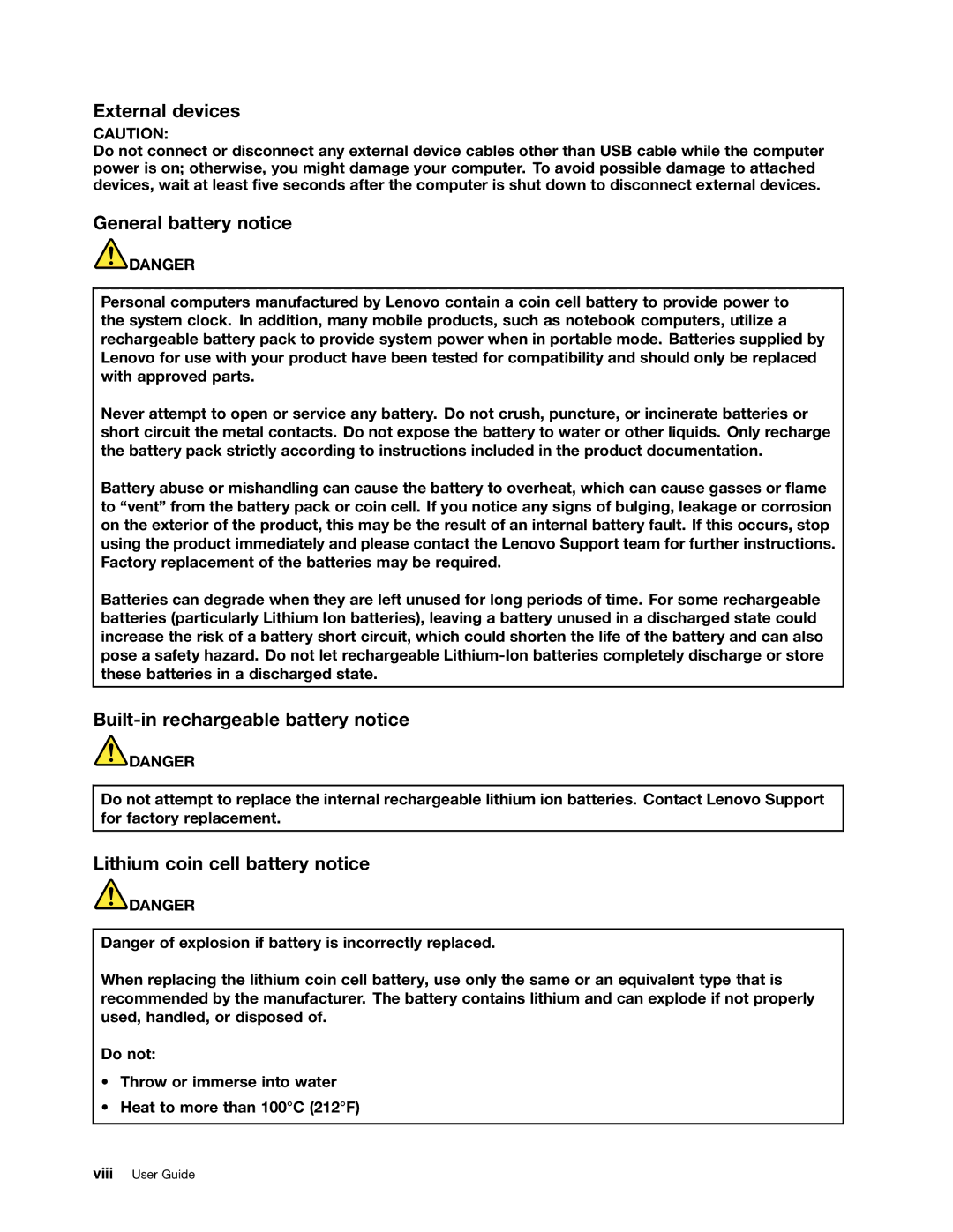 Toshiba 33474HU manual External devices, General battery notice, Built-in rechargeable battery notice 