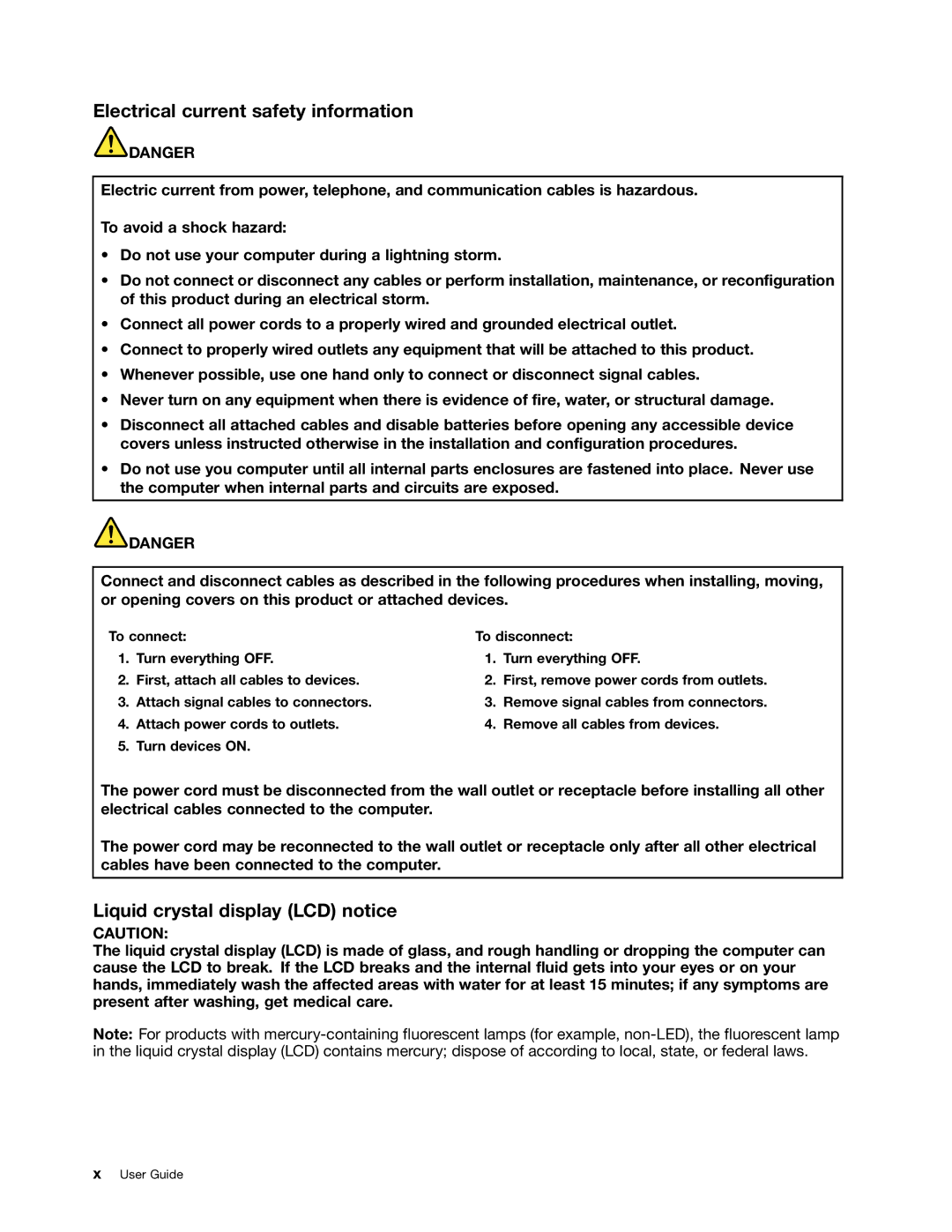 Toshiba 33474HU manual Electrical current safety information, Liquid crystal display LCD notice 