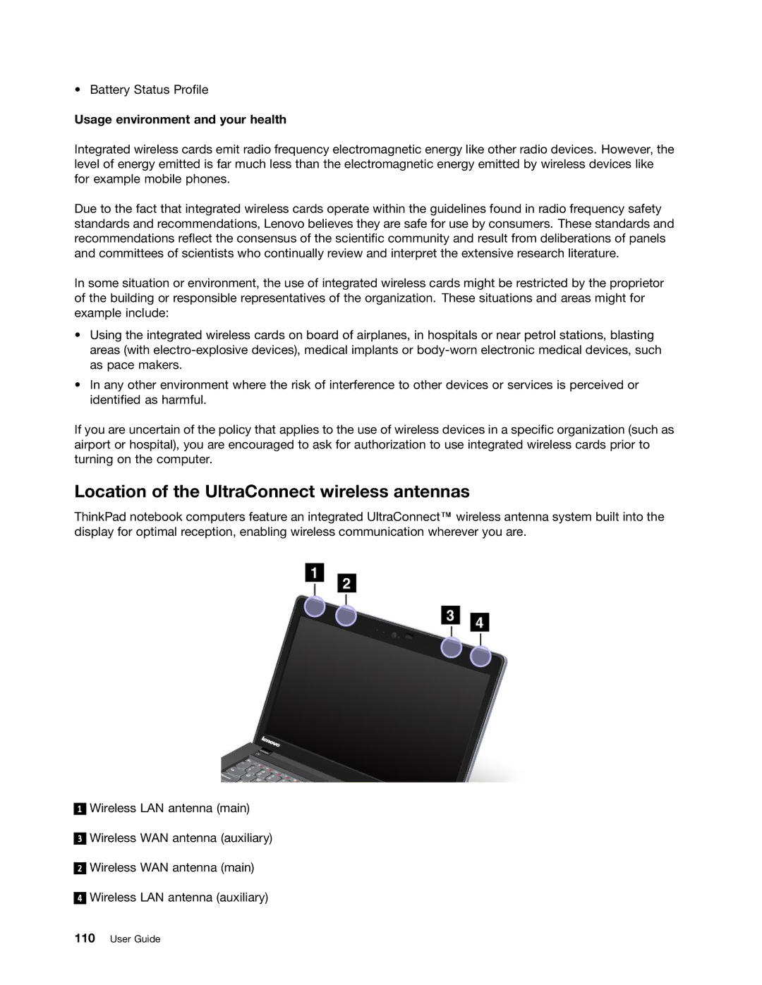 Toshiba 33474HU manual Location of the UltraConnect wireless antennas, Usage environment and your health 