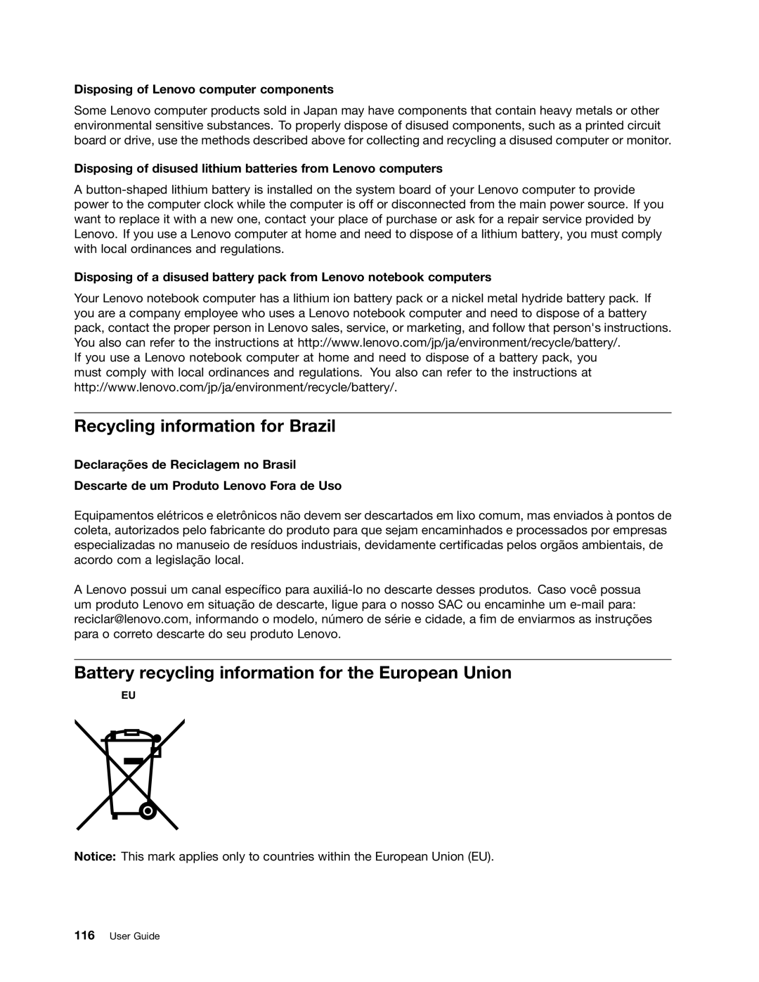 Toshiba 33474HU manual Recycling information for Brazil, Battery recycling information for the European Union 