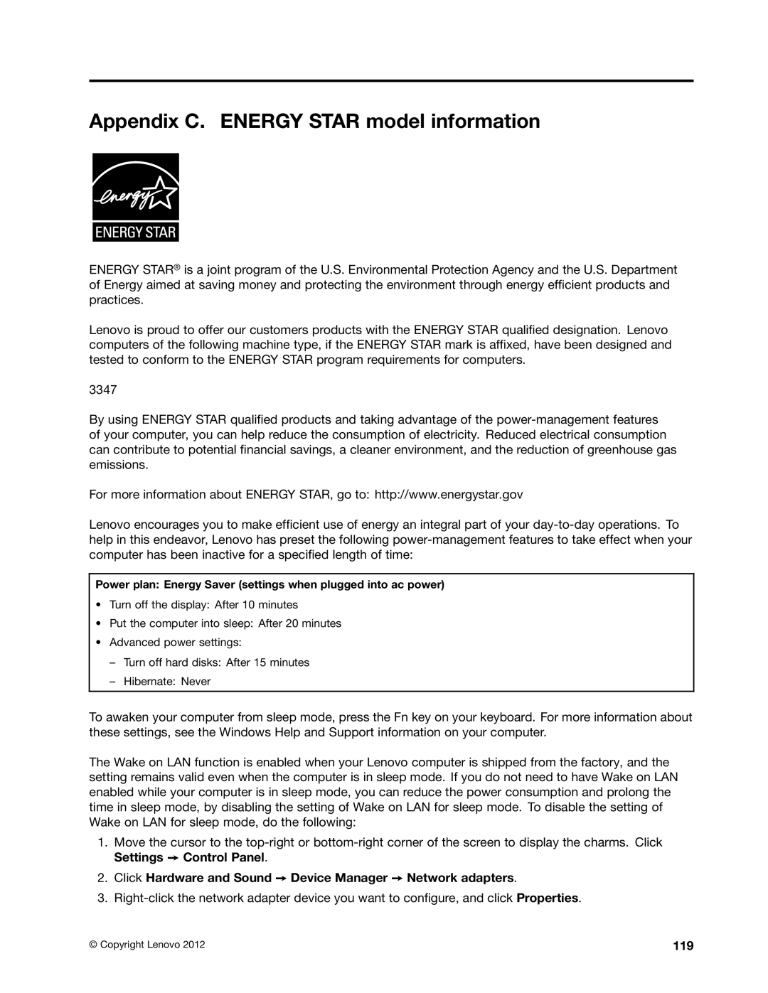 Toshiba 33474HU Appendix C. Energy Star model information, Click Hardware and Sound Device Manager Network adapters, 119 