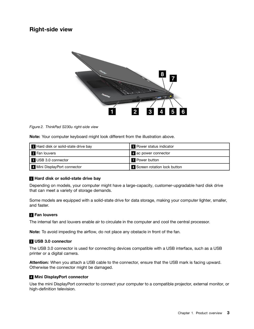 Toshiba 33474HU manual Right-side view, Hard disk or solid-state drive bay, Fan louvers, USB 3.0 connector 