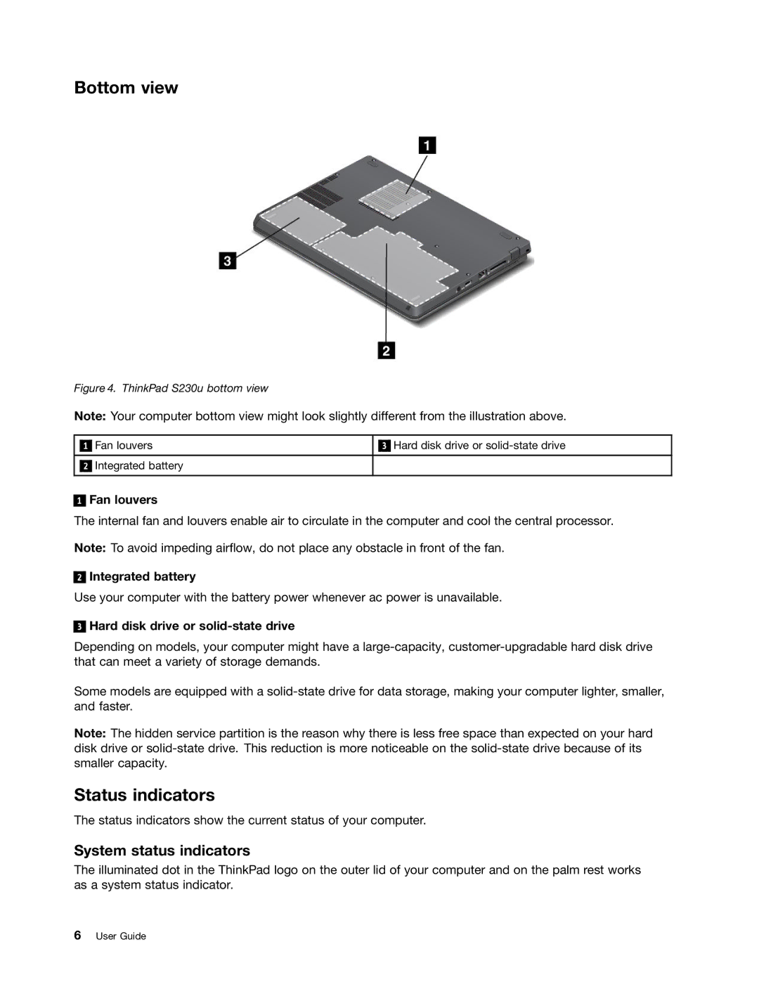 Toshiba 33474HU manual Bottom view, Status indicators, System status indicators, Integrated battery 