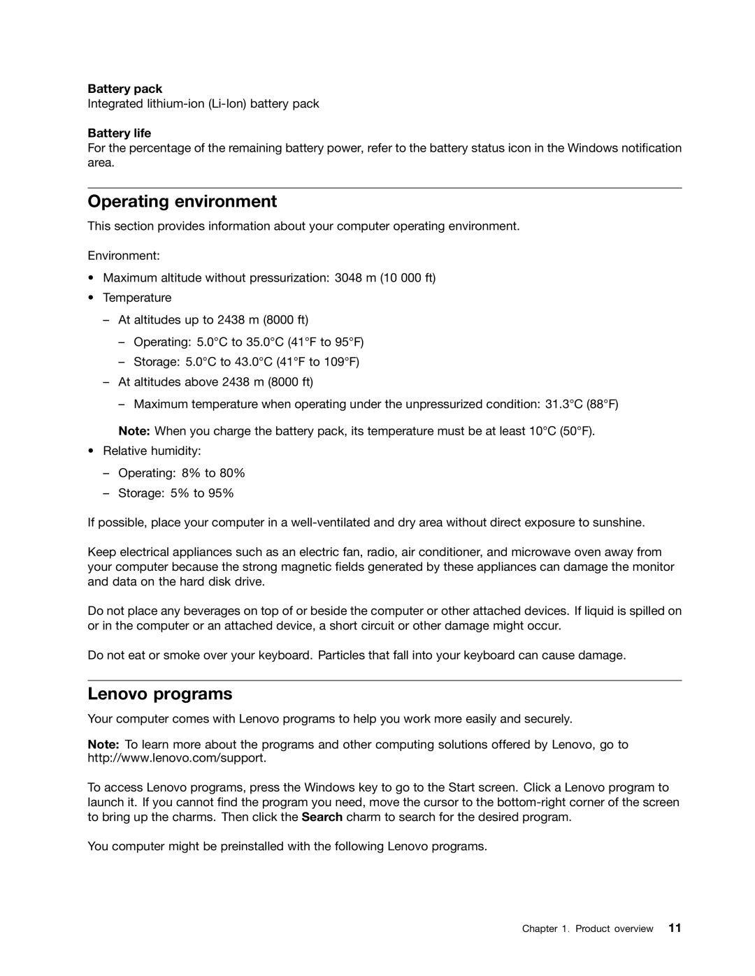 Toshiba 33474HU manual Operating environment, Lenovo programs, Battery pack, Battery life 