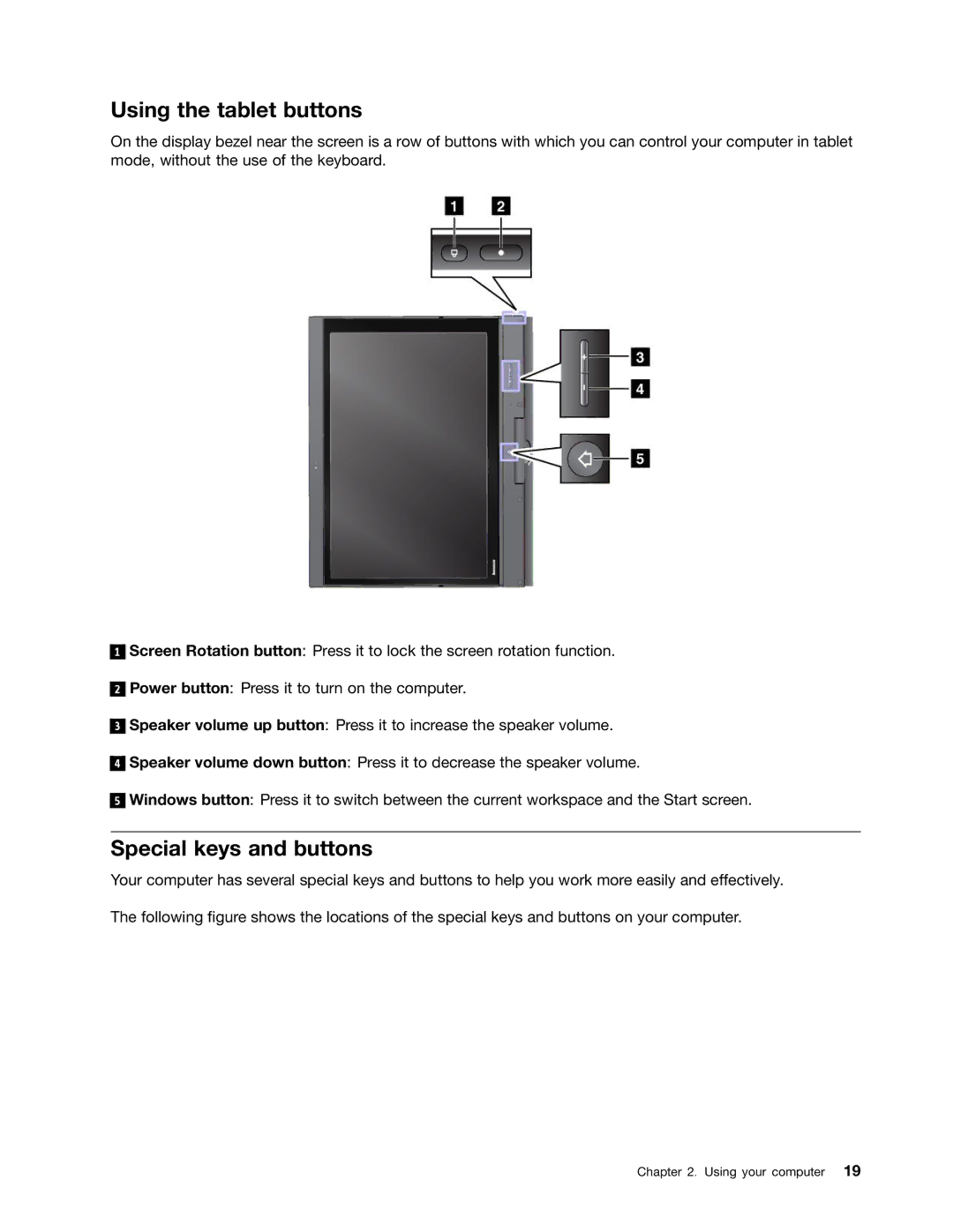 Toshiba 33474HU manual Using the tablet buttons, Special keys and buttons 