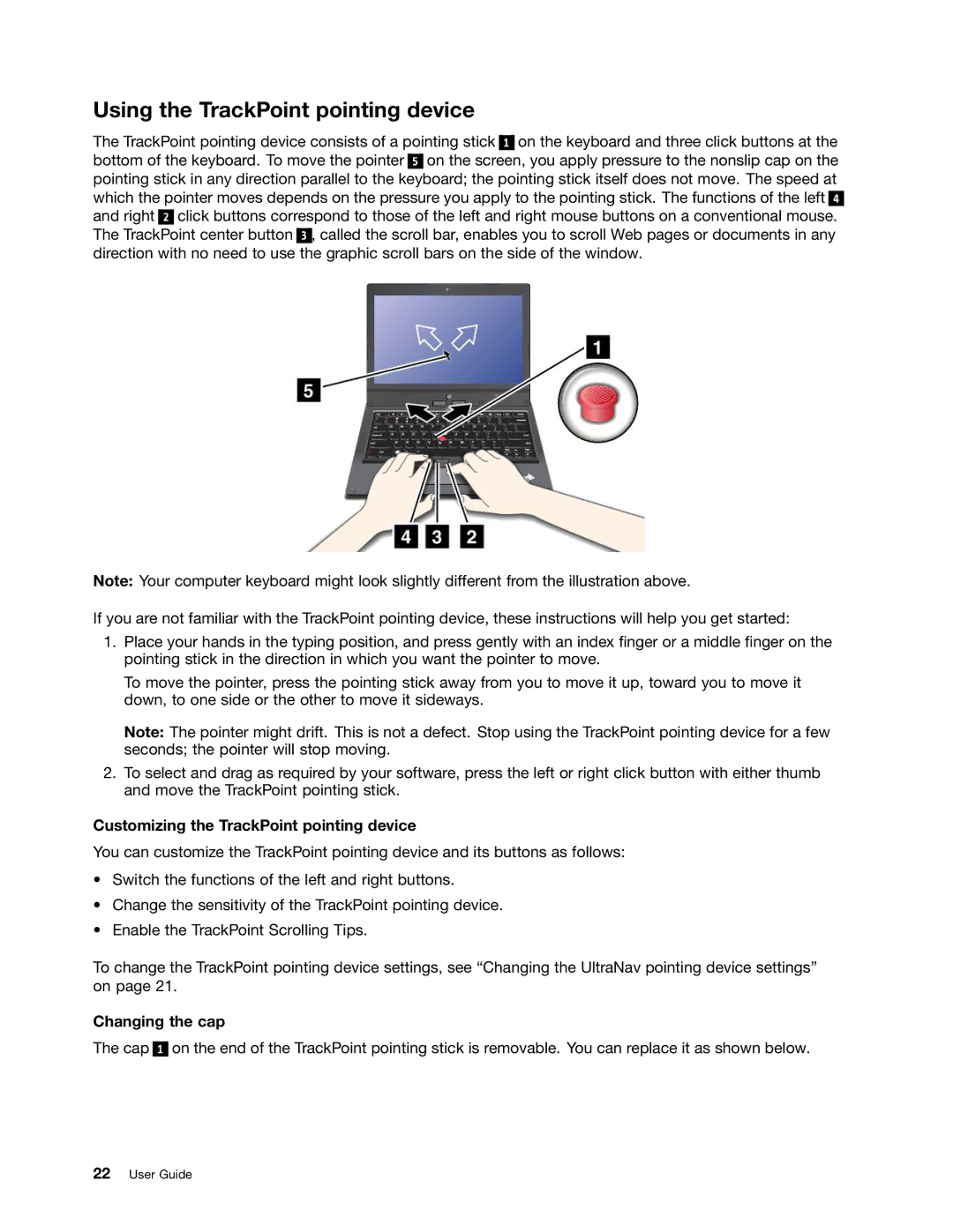 Toshiba 33474HU manual Using the TrackPoint pointing device, Customizing the TrackPoint pointing device, Changing the cap 