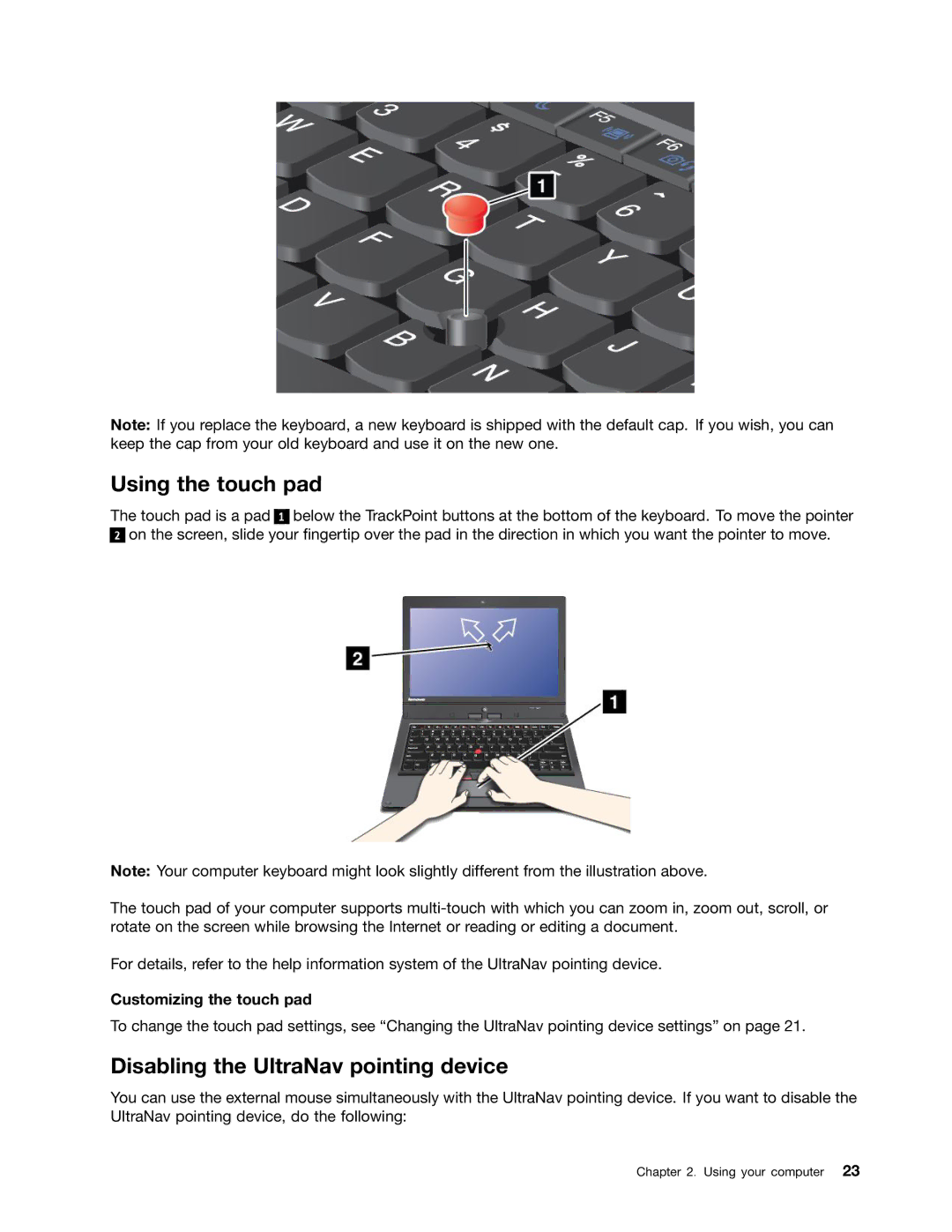 Toshiba 33474HU manual Using the touch pad, Disabling the UltraNav pointing device, Customizing the touch pad 