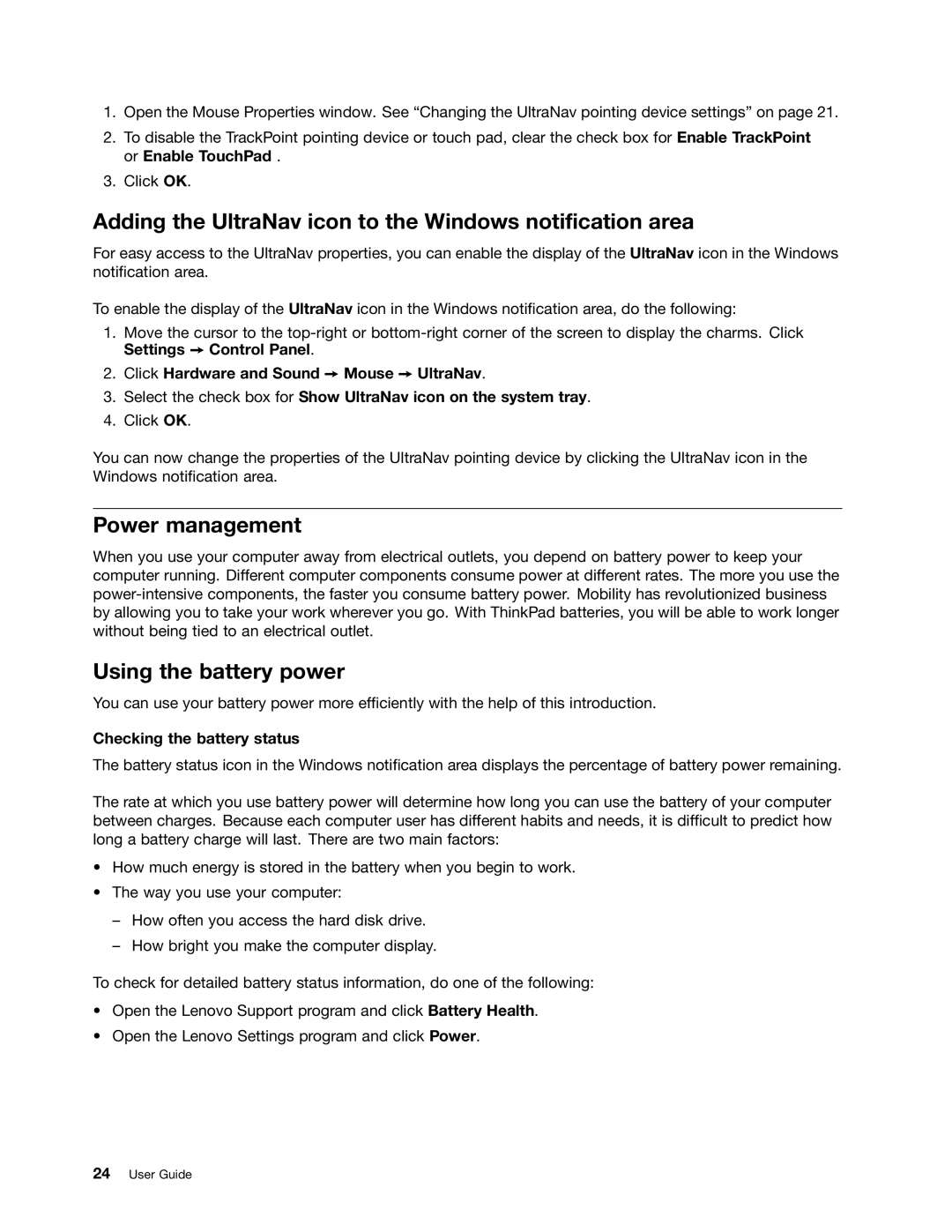 Toshiba 33474HU manual Adding the UltraNav icon to the Windows notification area, Power management, Using the battery power 