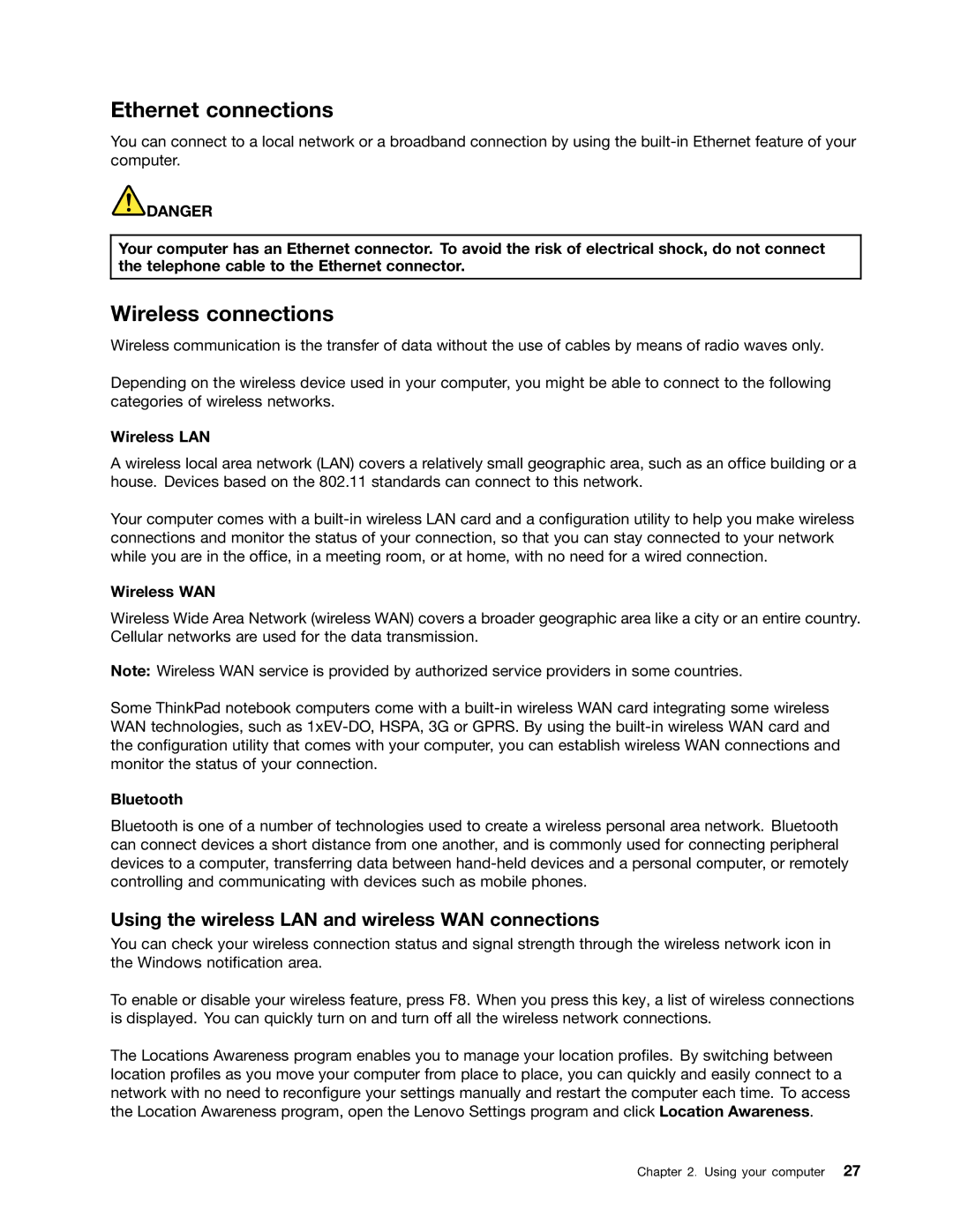 Toshiba 33474HU manual Ethernet connections, Wireless connections, Using the wireless LAN and wireless WAN connections 