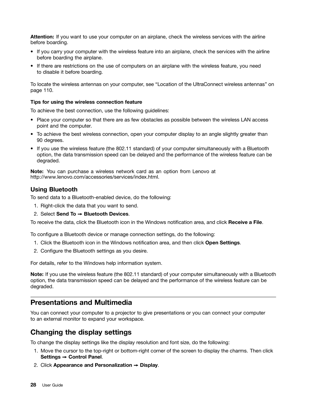 Toshiba 33474HU manual Presentations and Multimedia, Changing the display settings, Using Bluetooth 