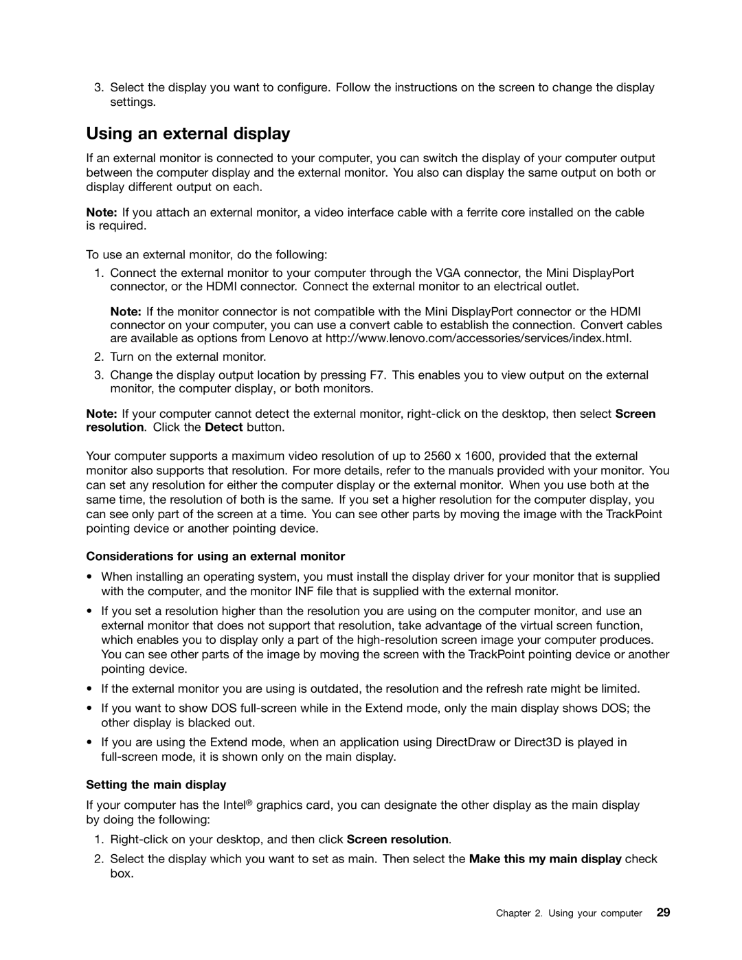 Toshiba 33474HU manual Using an external display, Considerations for using an external monitor, Setting the main display 