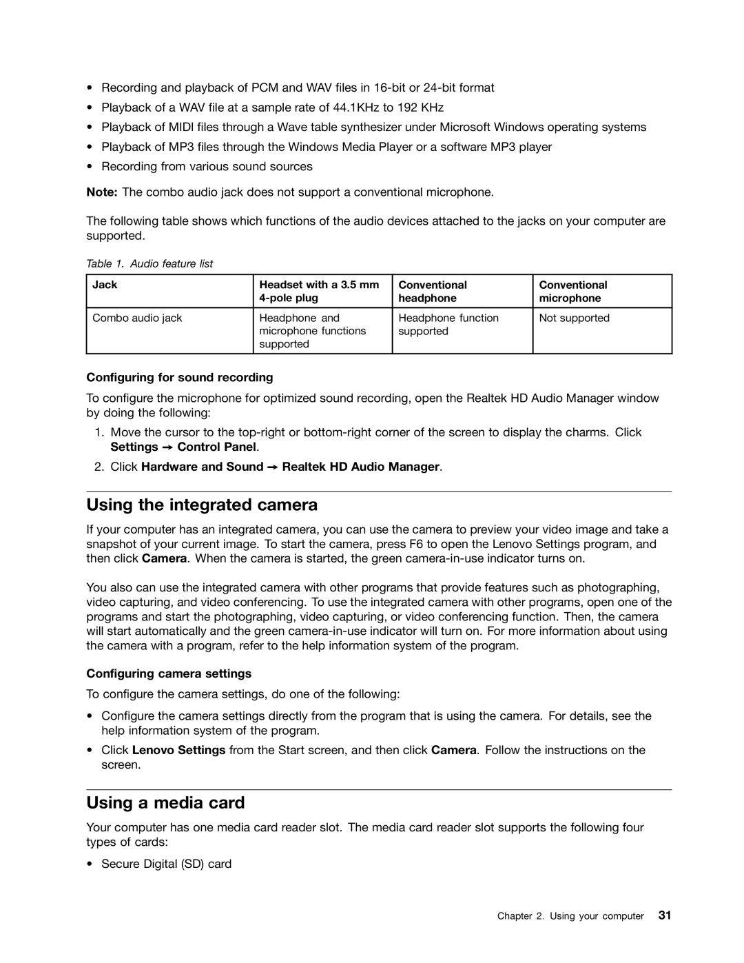 Toshiba 33474HU manual Using the integrated camera, Using a media card, Configuring for sound recording 