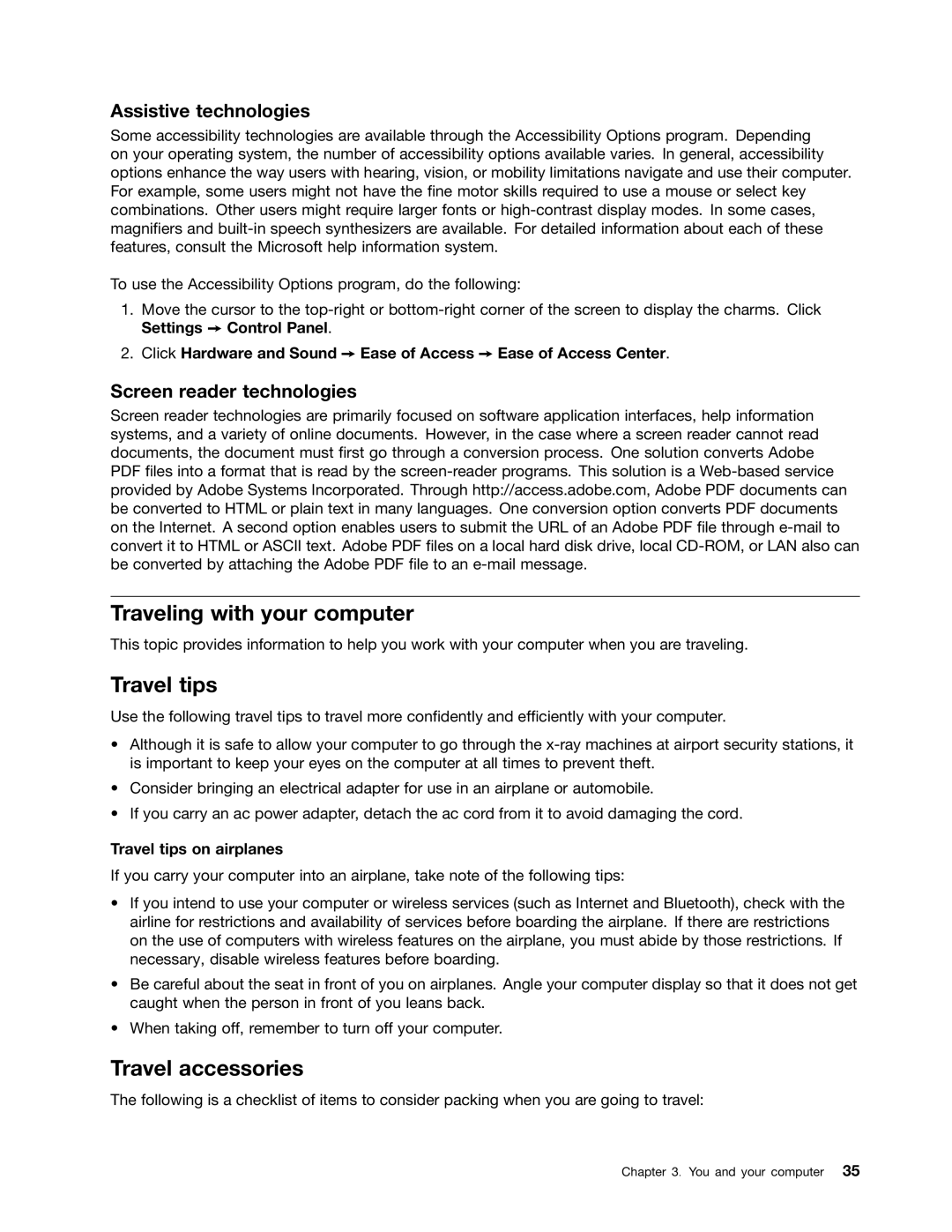 Toshiba 33474HU manual Traveling with your computer, Travel tips, Travel accessories, Assistive technologies 