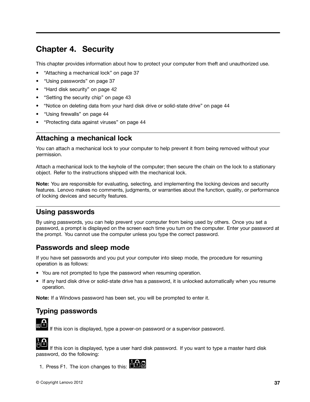 Toshiba 33474HU manual Security, Attaching a mechanical lock, Using passwords, Passwords and sleep mode, Typing passwords 