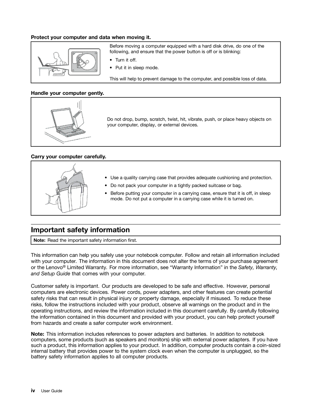 Toshiba 33474HU Important safety information, Protect your computer and data when moving it, Handle your computer gently 