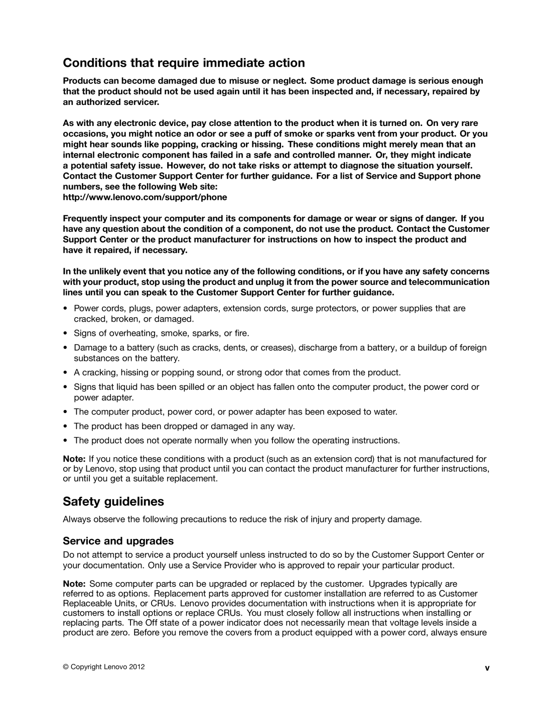 Toshiba 33474HU manual Conditions that require immediate action, Safety guidelines, Service and upgrades 