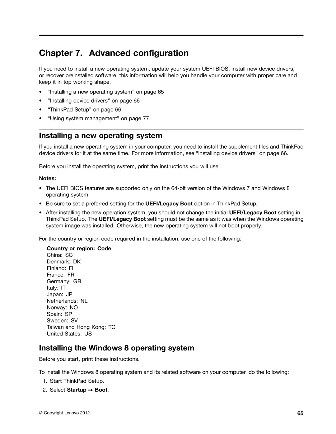 Toshiba 33474HU manual Advanced configuration, Installing a new operating system, Installing the Windows 8 operating system 