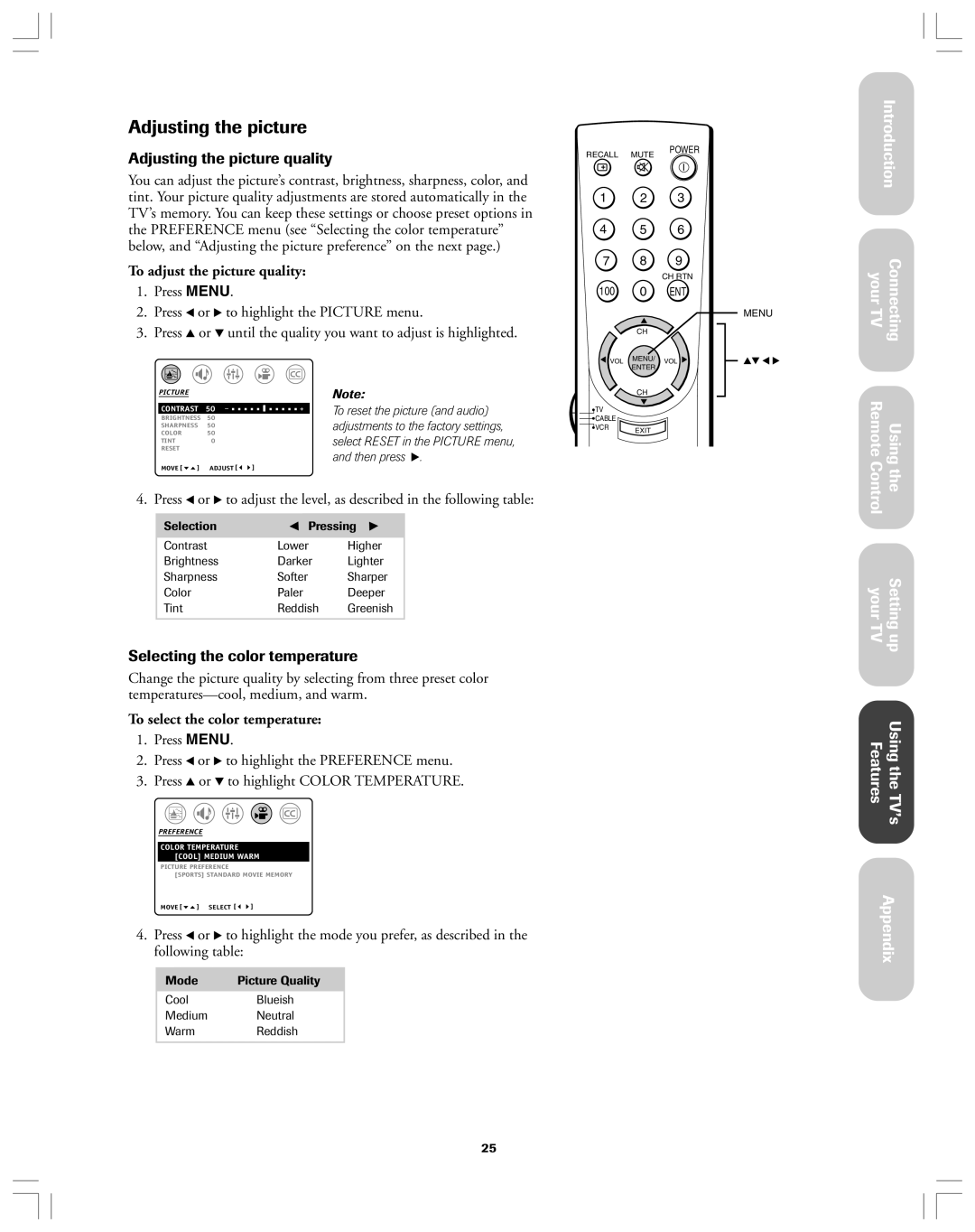 Toshiba 34AS42 Adjusting the picture quality, Selecting the color temperature, To adjust the picture quality 