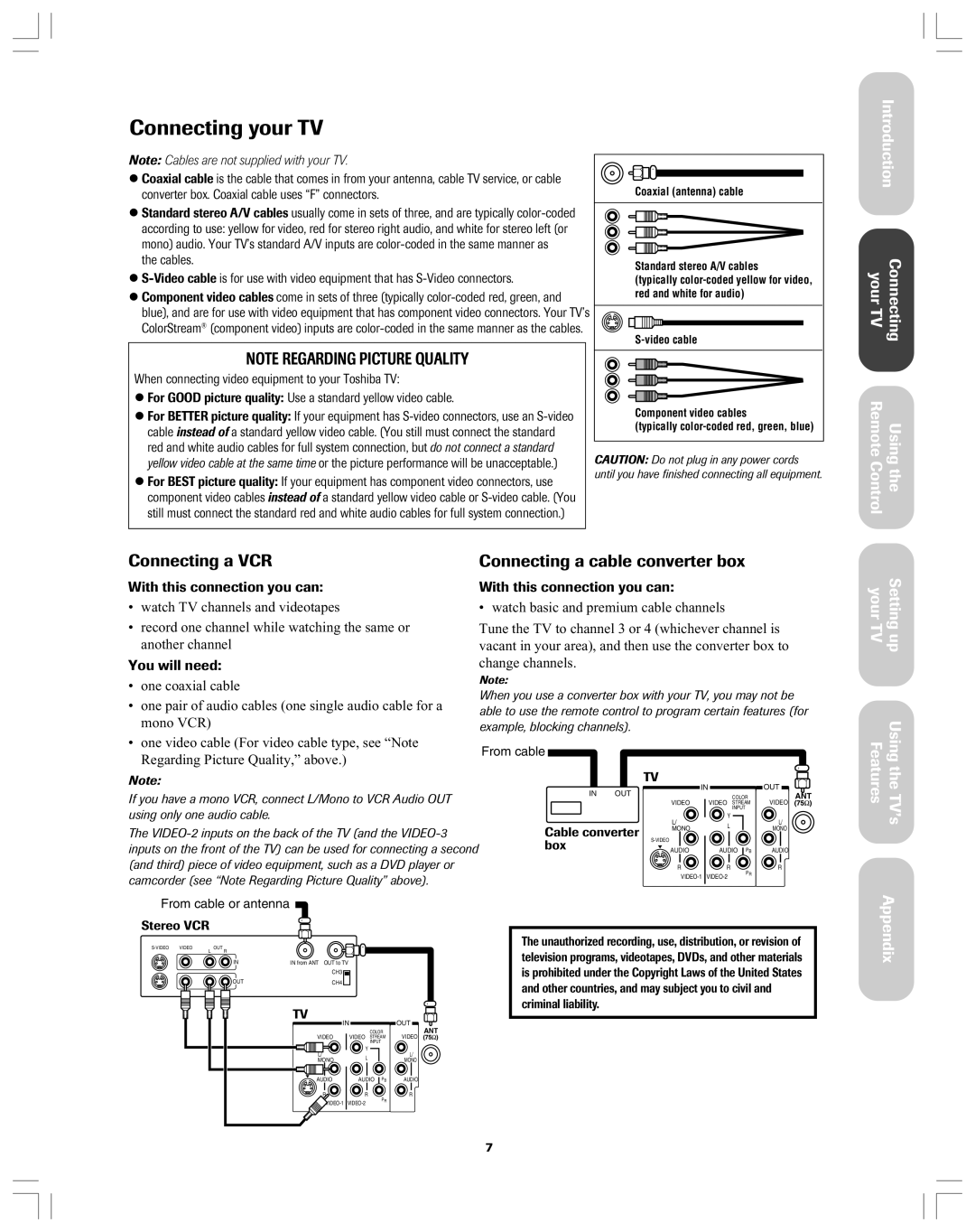 Toshiba 34AS42 owner manual Connecting a VCR Connecting a cable converter box, With this connection you can, You will need 