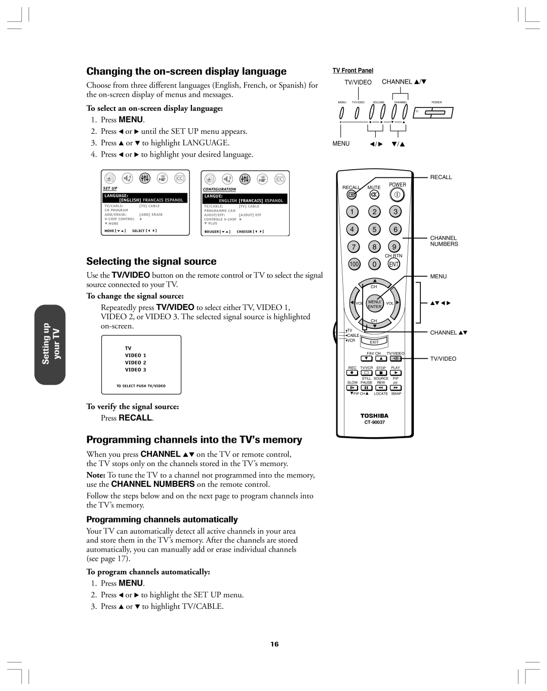 Toshiba 34AS42 Changing the on-screen display language, Selecting the signal source, Programming channels automatically 