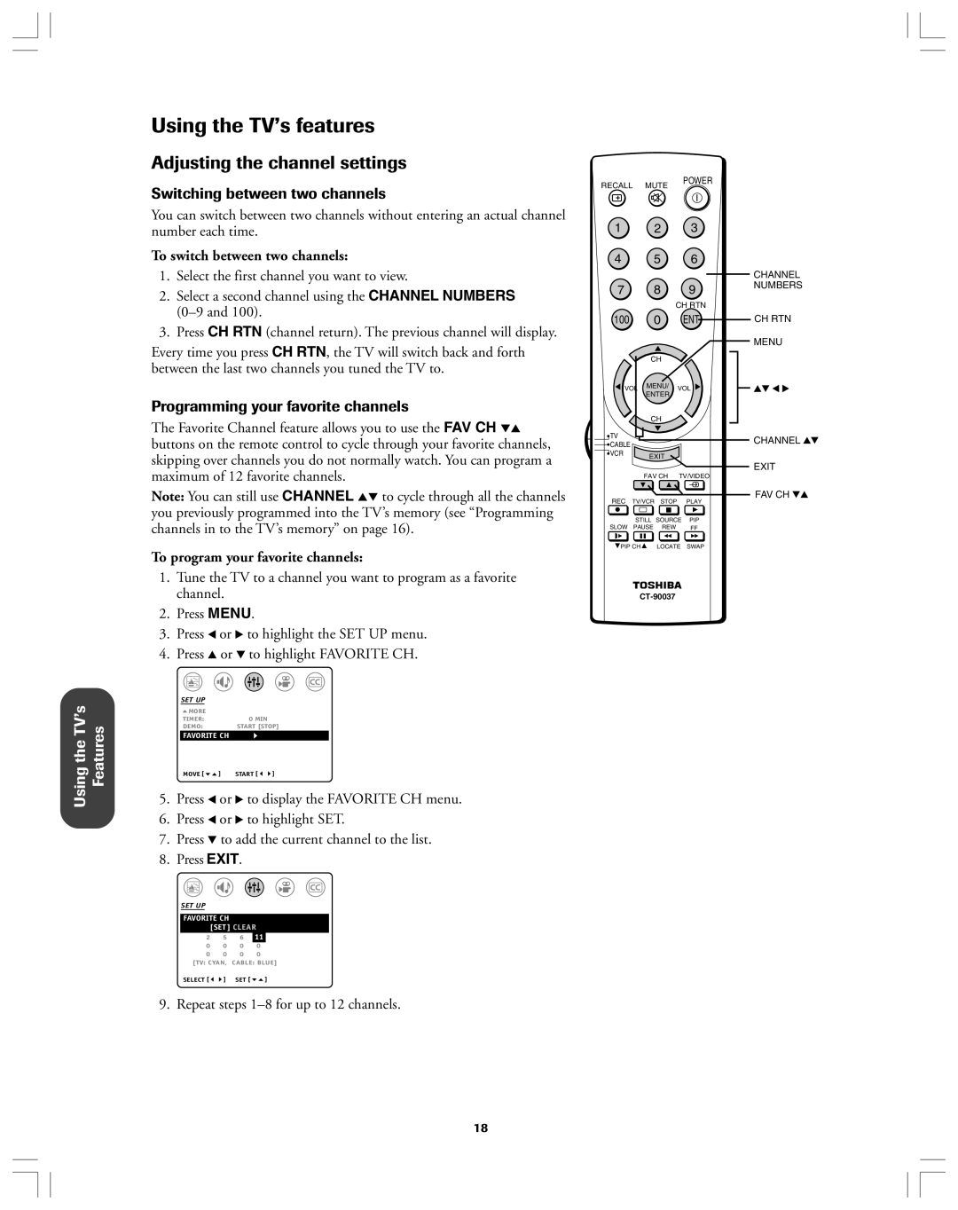 Toshiba 34AS42 owner manual Using the TVÕs features, Adjusting the channel settings, Switching between two channels 