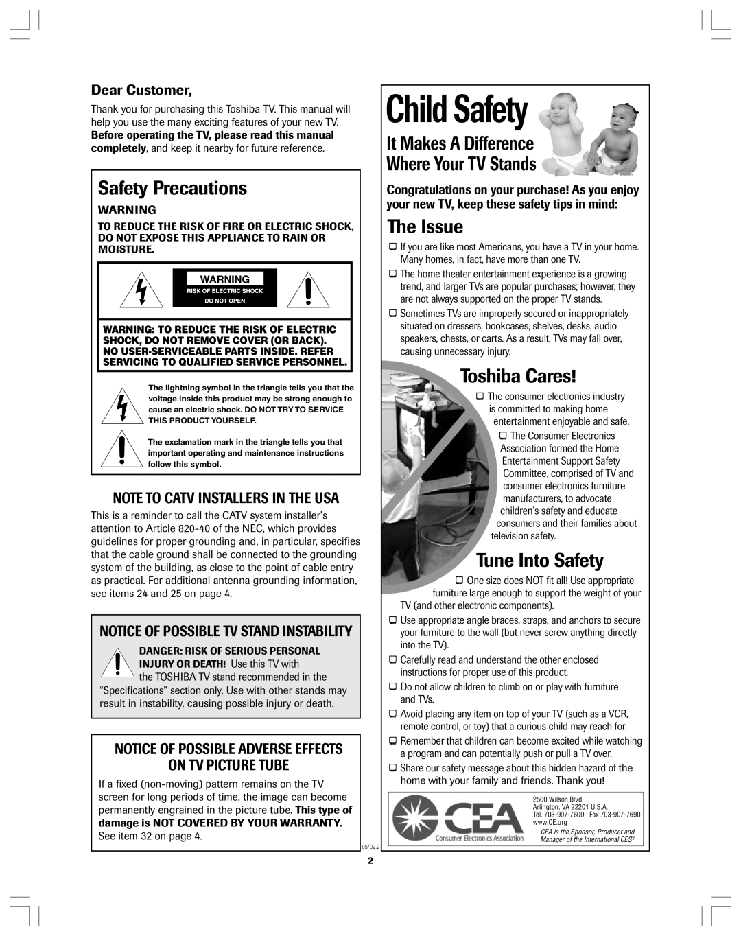 Toshiba 34AS42 Safety Precautions, It Makes A Difference Where Your TV Stands, The Issue, Toshiba Cares, Tune Into Safety 