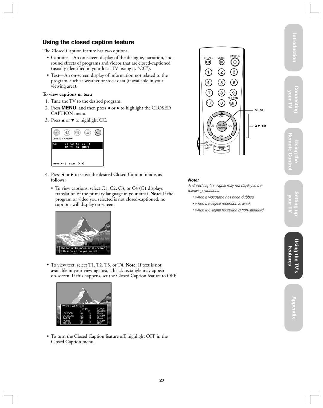 Toshiba 34AS42 owner manual Using the closed caption feature, TVÕs Appendix, To view captions or text, Introduction 