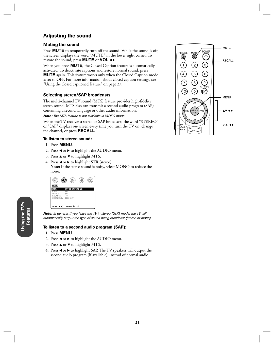 Toshiba 34AS42 owner manual Adjusting the sound, Muting the sound, Selecting stereo/SAP broadcasts, Using the TVÕs Features 