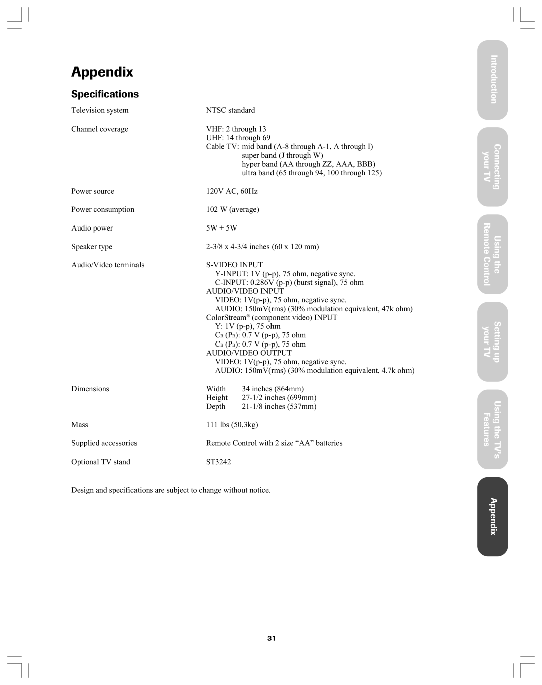 Toshiba 34AS42 owner manual Specifications, Setting up your TV Using the TV’s Features Appendix 