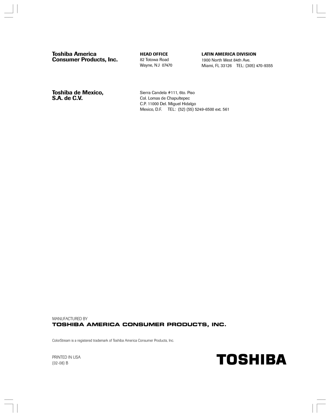 Toshiba 34AS42 owner manual Toshiba America Consumer Products, Inc Toshiba de Mexico, S.A. de C.V 