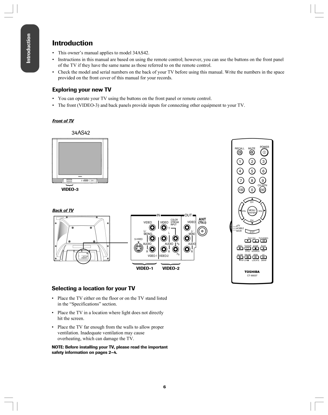 Toshiba 34AS42 owner manual Introduction, Exploring your new TV, Selecting a location for your TV 