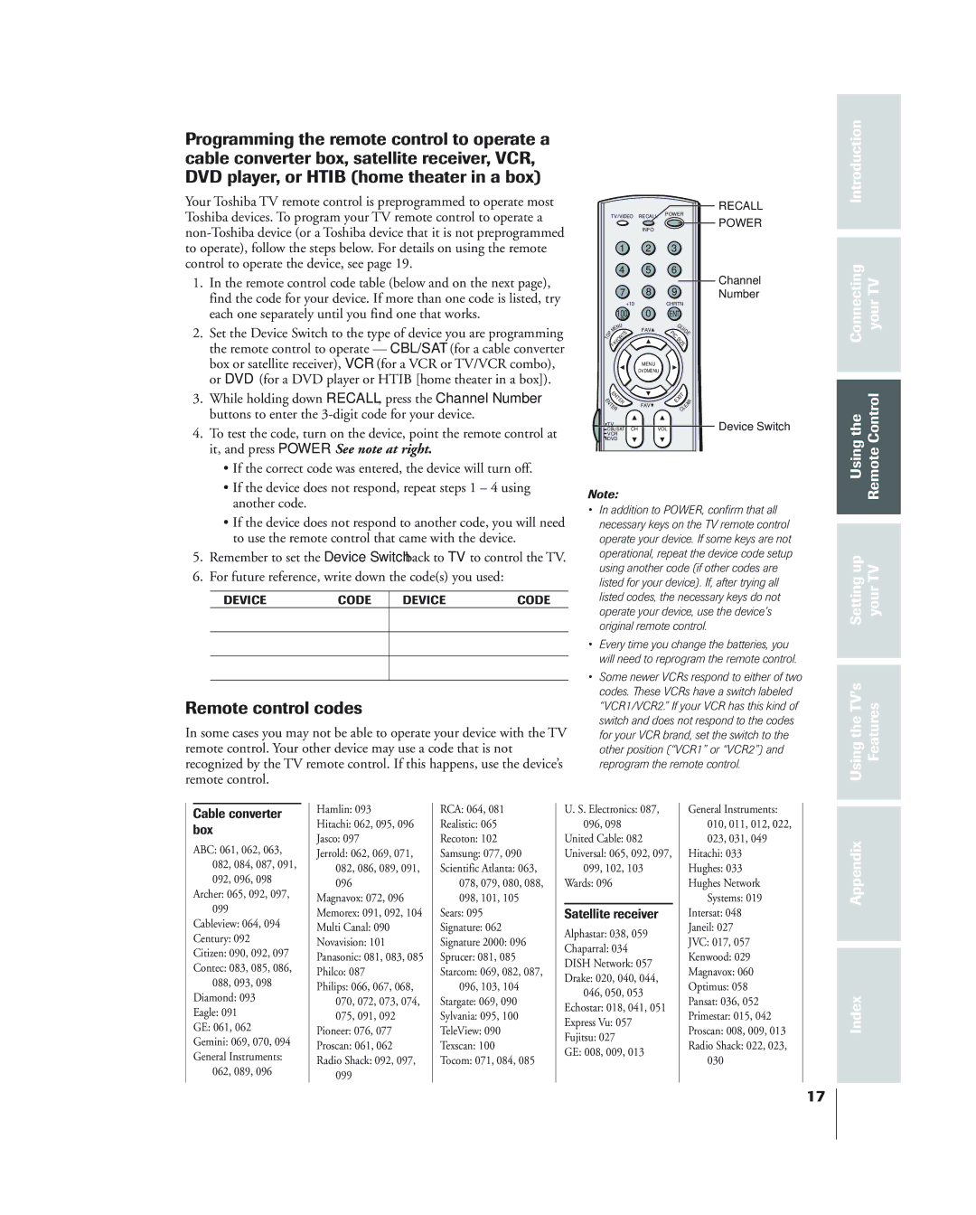 Toshiba 34HF84 owner manual Remote control codes, Introduction, For future reference, write down the codes you used 