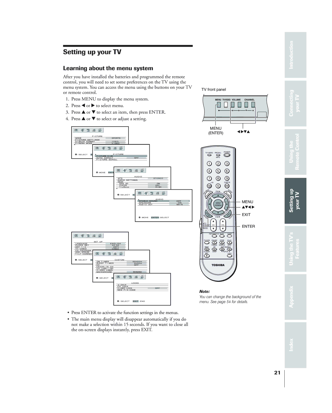 Toshiba 34HF84 owner manual Learning about the menu system, TV front panel 