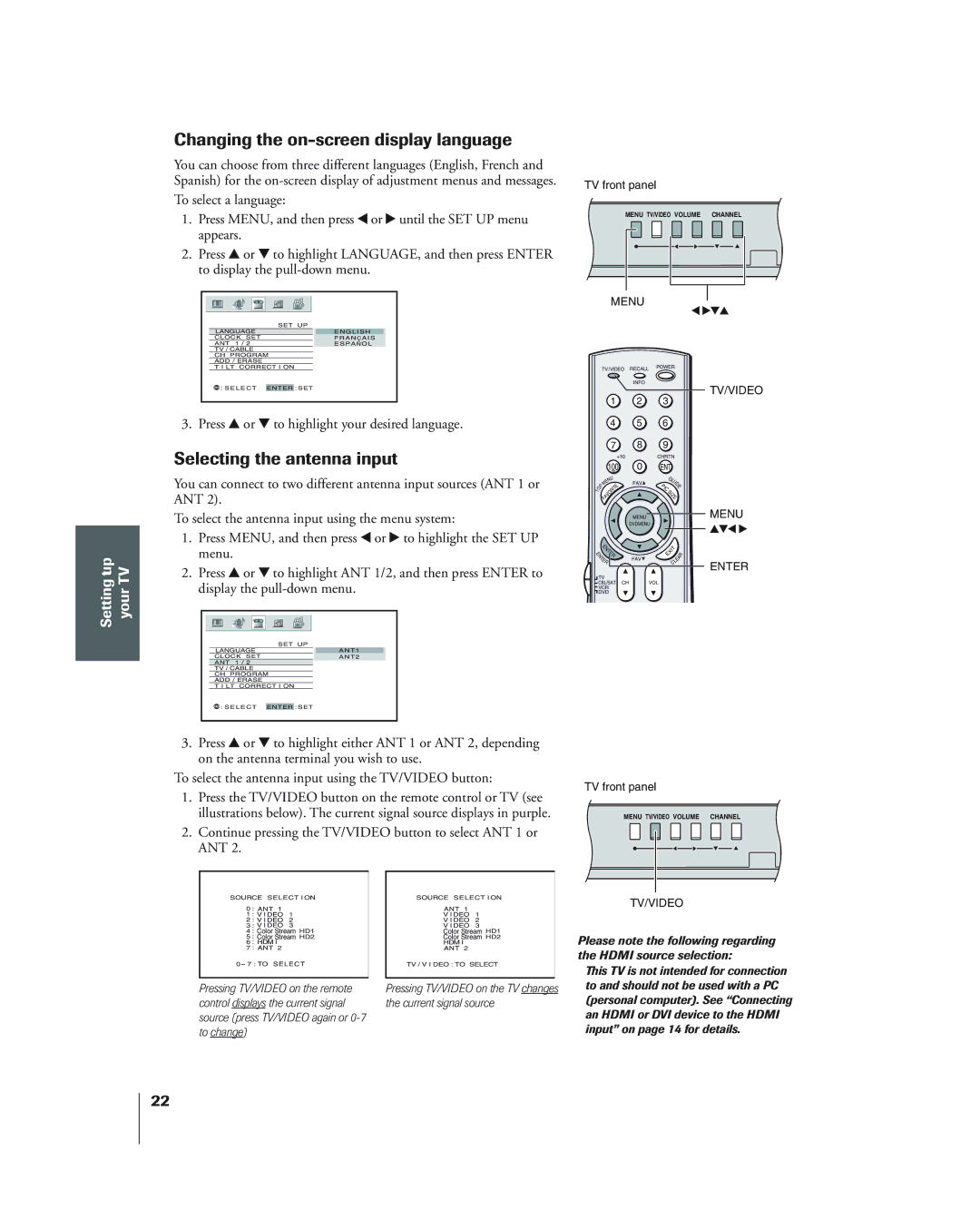 Toshiba 34HF84 owner manual Changing the on-screen display language, Selecting the antenna input, Your 