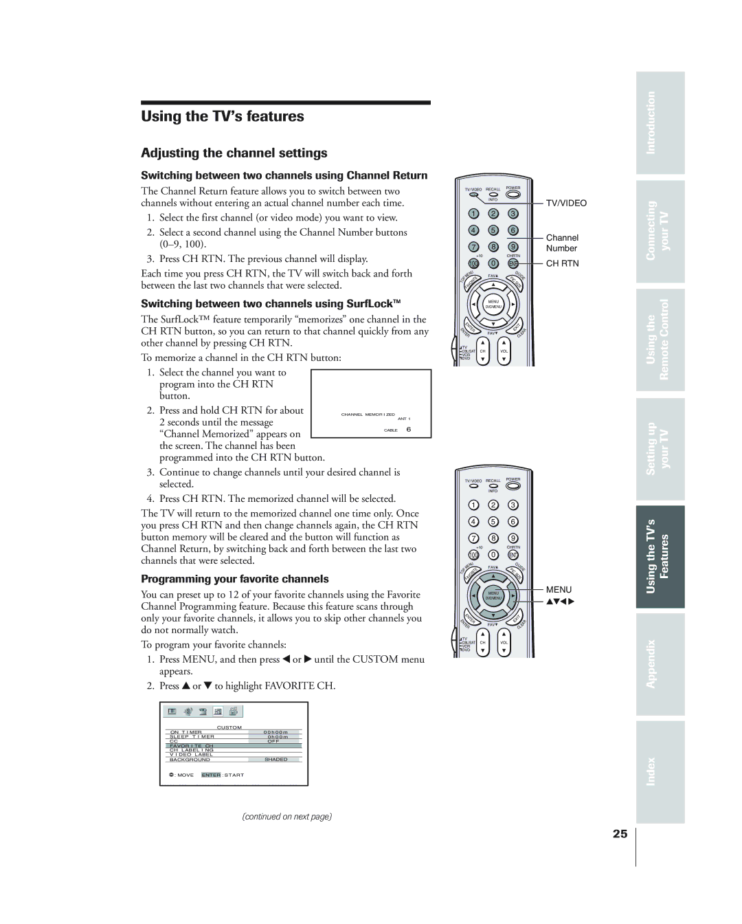 Toshiba 34HF84 owner manual Adjusting the channel settings, Switching between two channels using Channel Return 