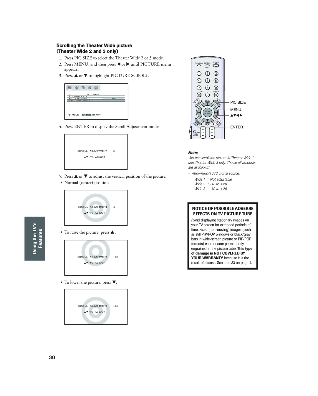 Toshiba 34HF84 owner manual Press Enter to display the Scroll Adjustment mode, To raise the picture, press y 