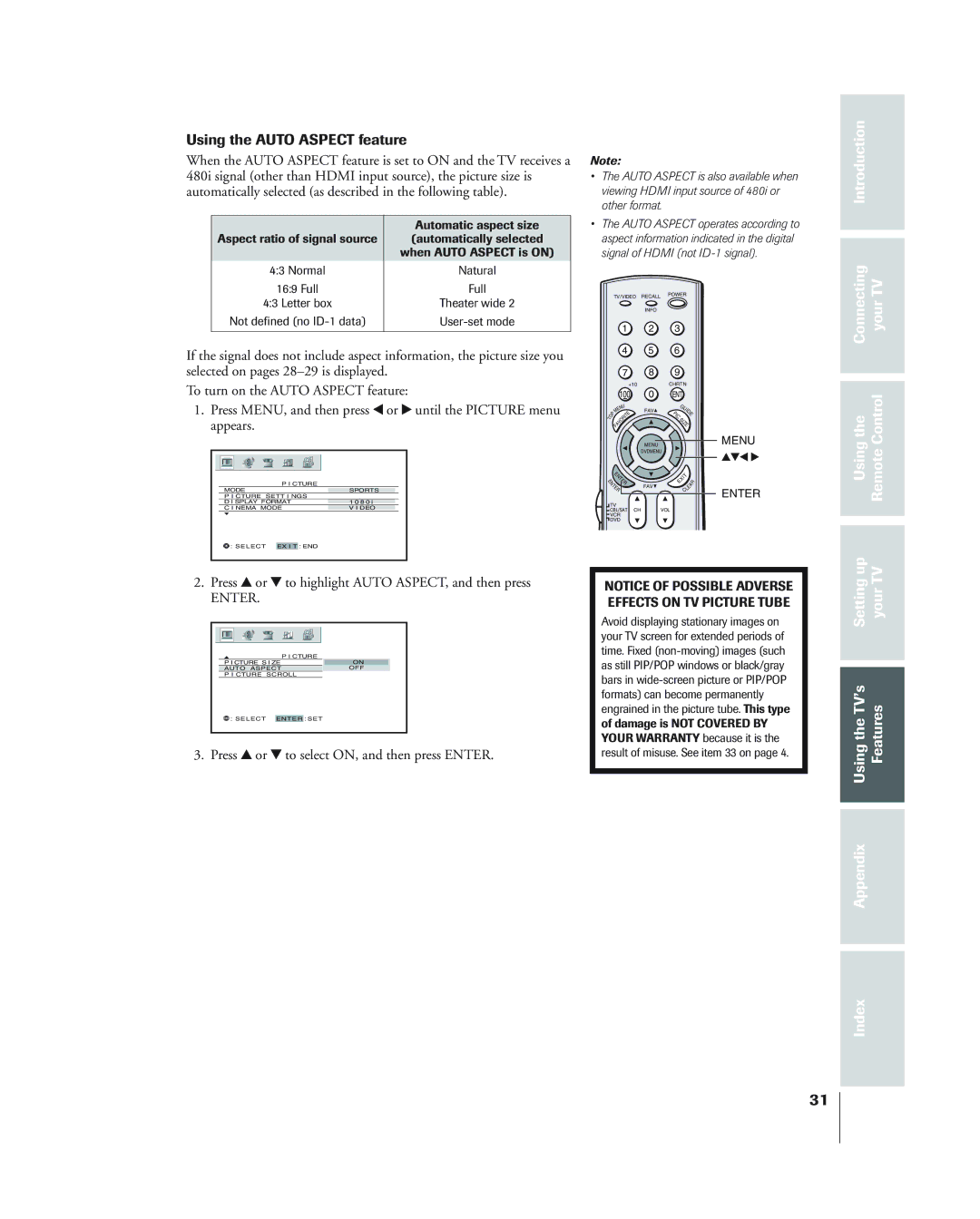 Toshiba 34HF84 owner manual Using the Auto Aspect feature, Press y or z to highlight Auto ASPECT, and then press 