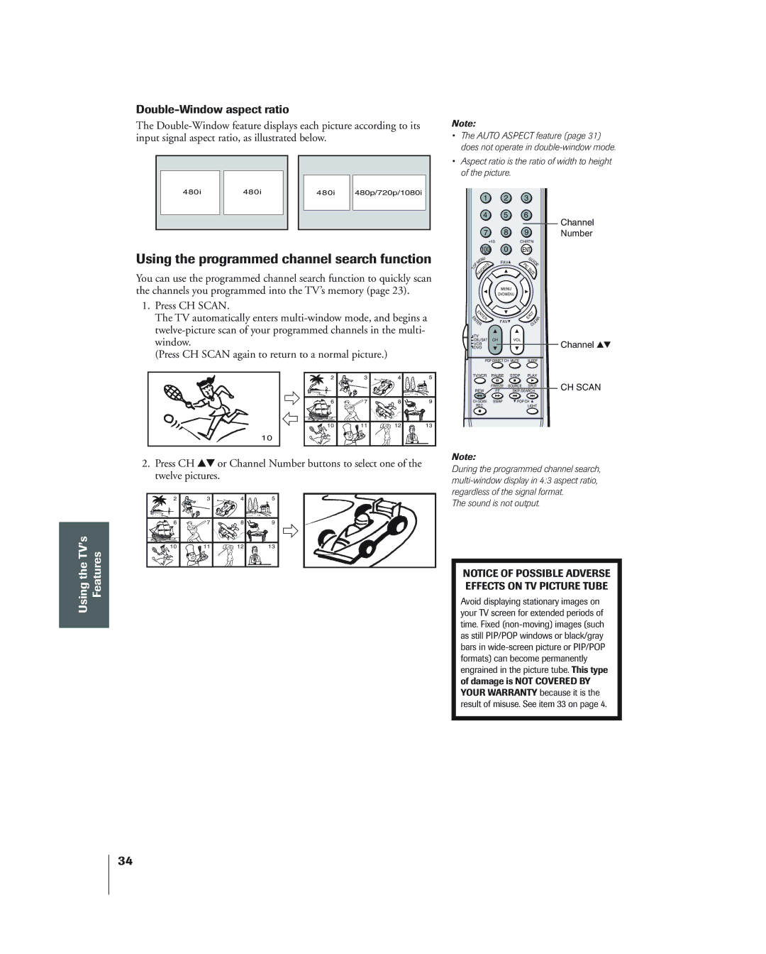 Toshiba 34HF84 owner manual Using the programmed channel search function, Double-Window aspect ratio 