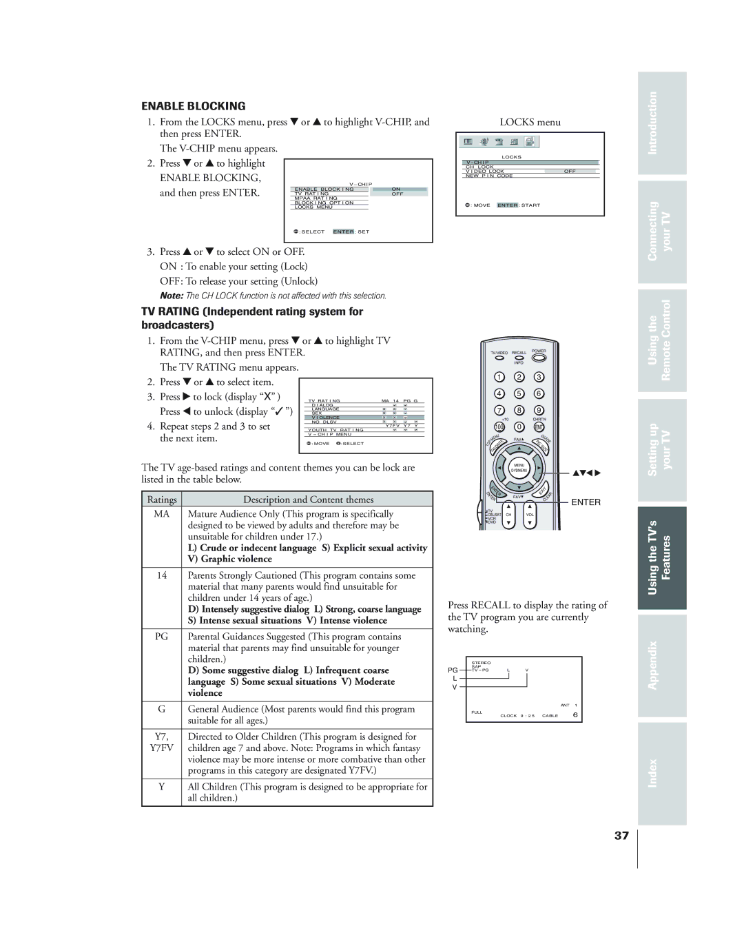 Toshiba 34HF84 owner manual TV Rating Independent rating system for broadcasters, Enable Blocking 