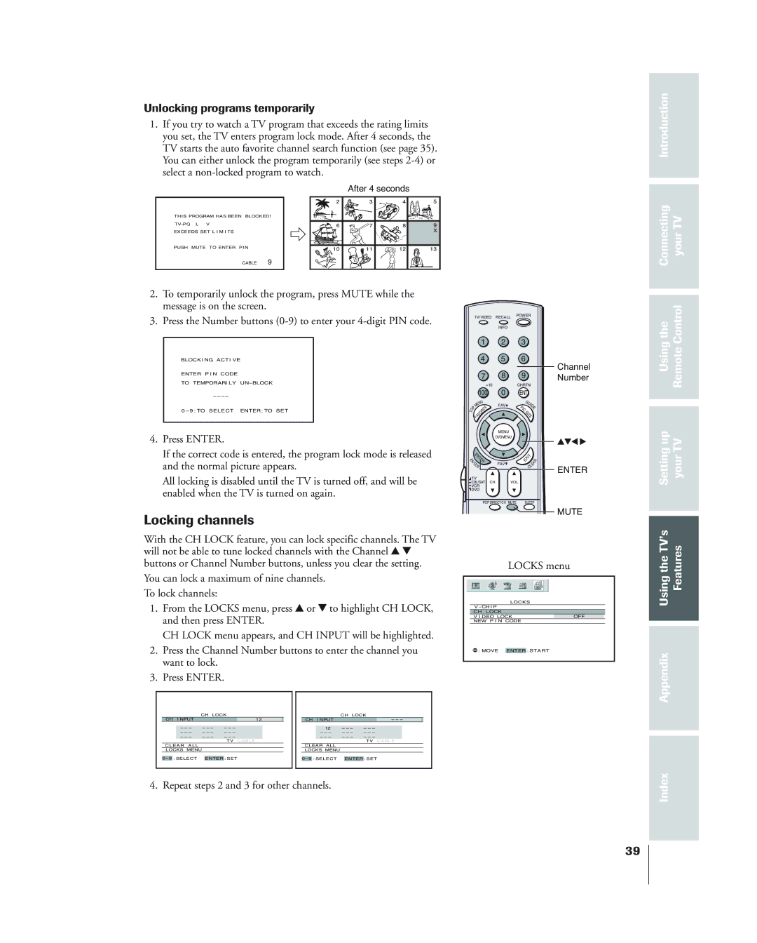 Toshiba 34HF84 Locking channels, Unlocking programs temporarily, Using Remote, Settingup YourTV UsingtheTV’s Features 