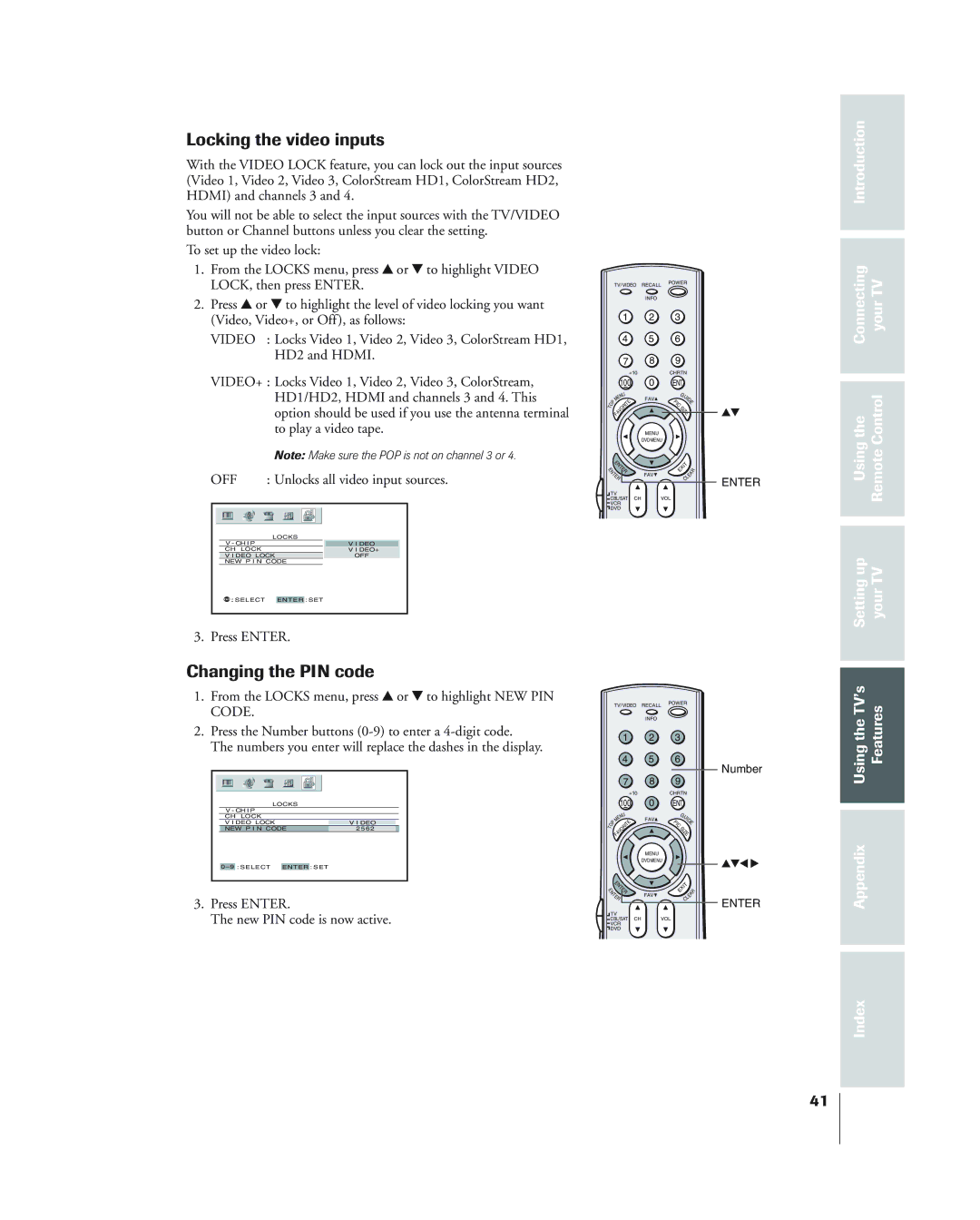 Toshiba 34HF84 owner manual Locking the video inputs, Changing the PIN code, Introduction Connecting, Using Features 