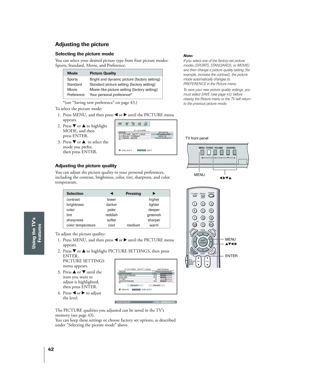 Toshiba 34HF84 owner manual Selecting the picture mode, Adjusting the picture quality, Picture Settings 