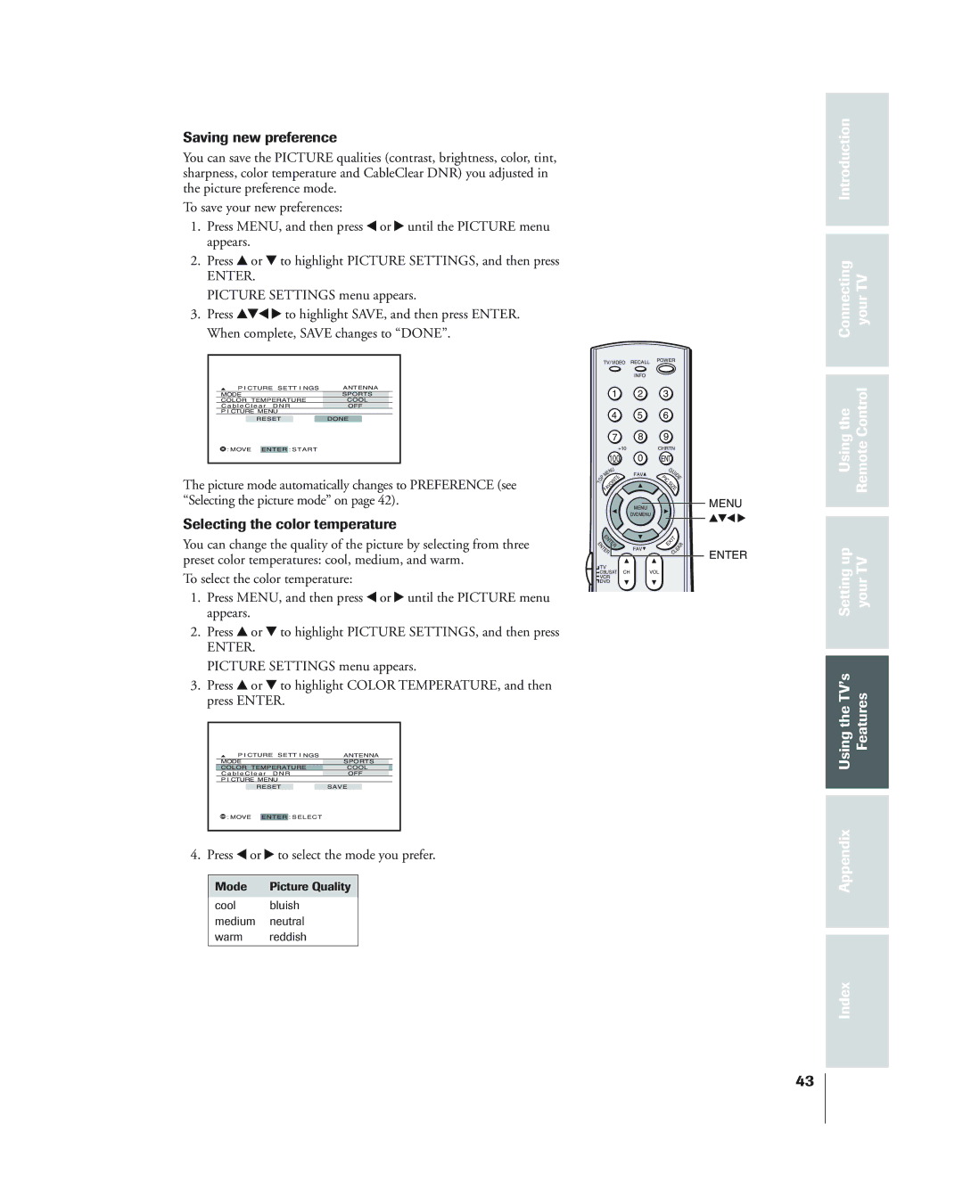 Toshiba 34HF84 Saving new preference, Selecting the color temperature, Press x or to select the mode you prefer 